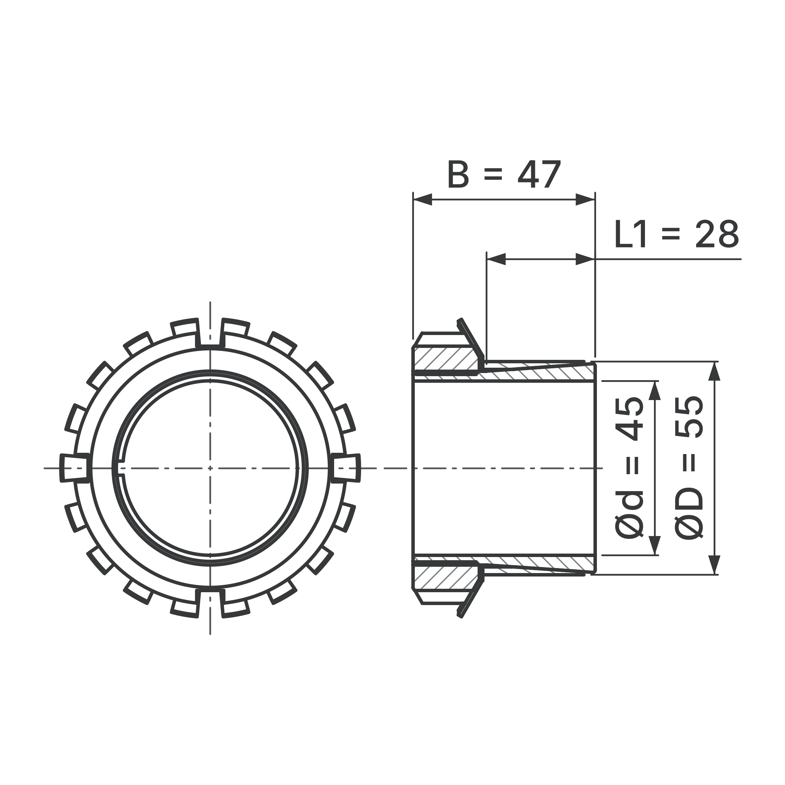 Maßskizze Spannsatz STW76-45x55: Wellen-Ø d, Außen-Ø D, L1, B in mm, schematisch