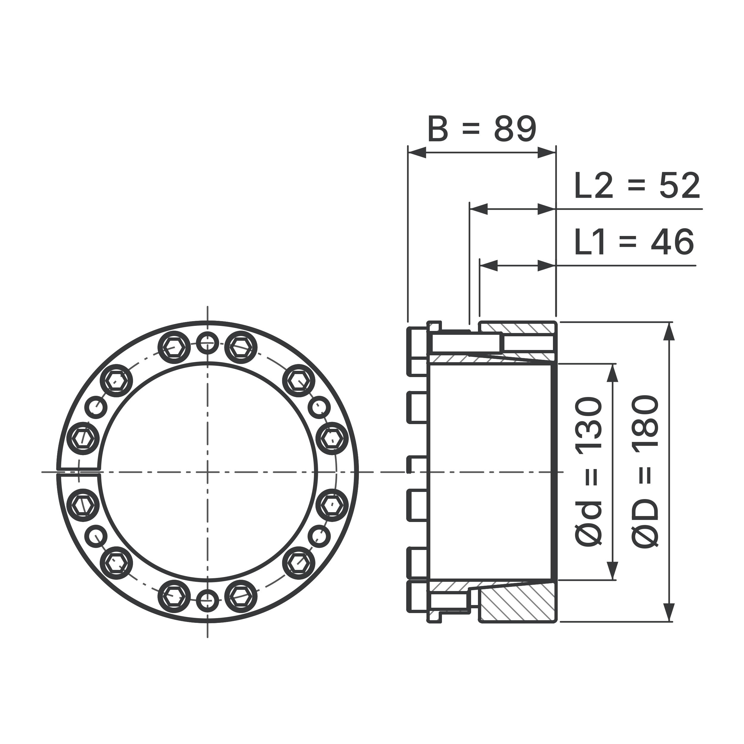Maßskizze Spannsatz STW26-130x180: Wellen-Ø d, Außen-Ø D, L1, L2, B in mm, schematisch