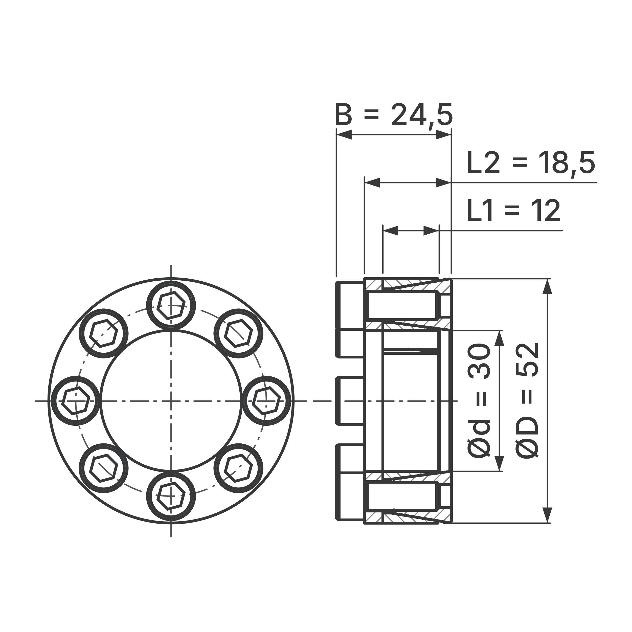 Maßskizze Spannsatz STW29-30x52: Wellen-Ø d, Außen-Ø D, L1, L2, B in mm, schematisch