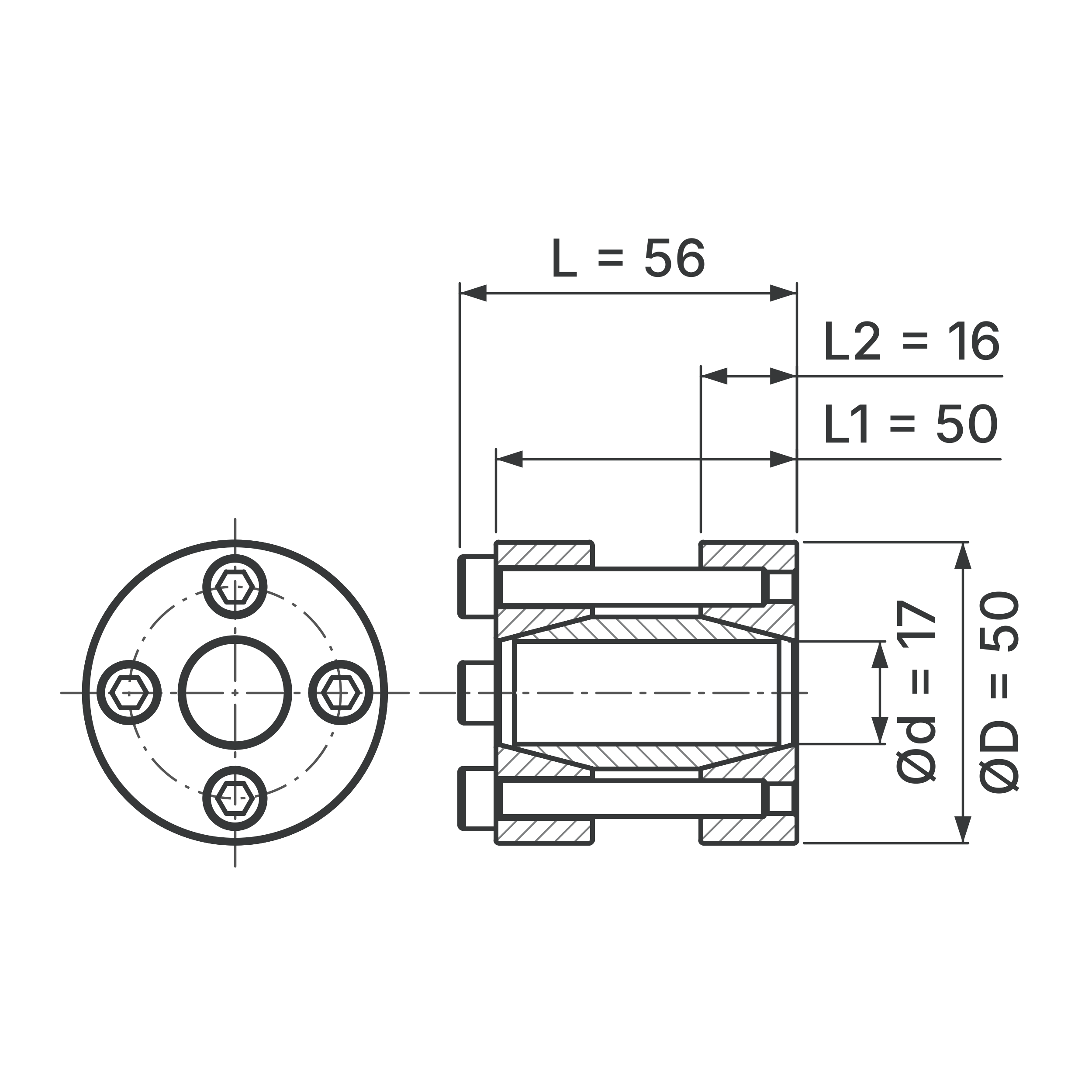 Maßskizze Starre Wellenkupplung STW72-17x50: Wellen-Ø d (beide Wellen), Außen-Ø D, L, L1, L2 in mm, schematisch