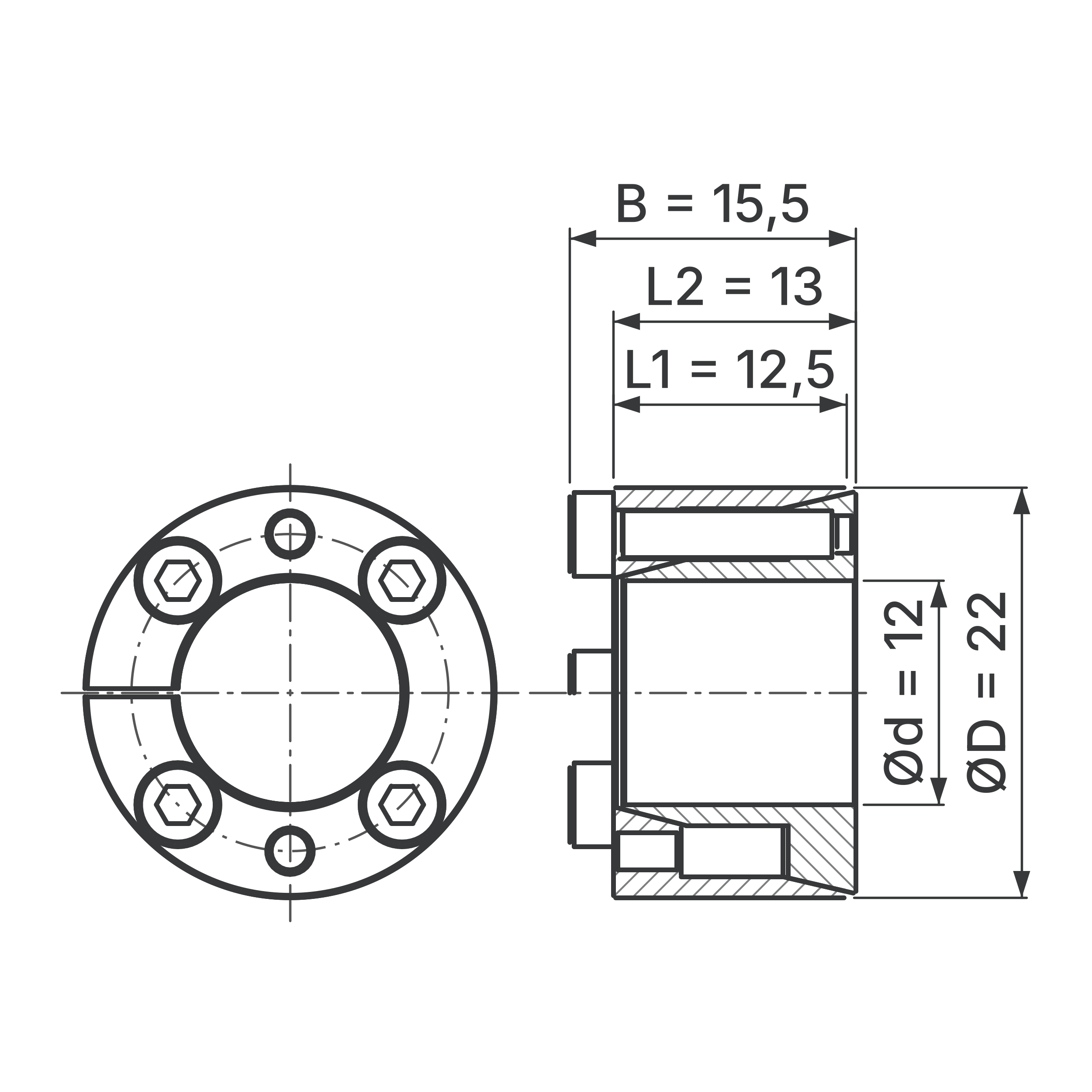 Maßskizze Spannsatz STW71-12x22: Wellen-Ø d, Außen-Ø D, L1, L2, B in mm, schematisch