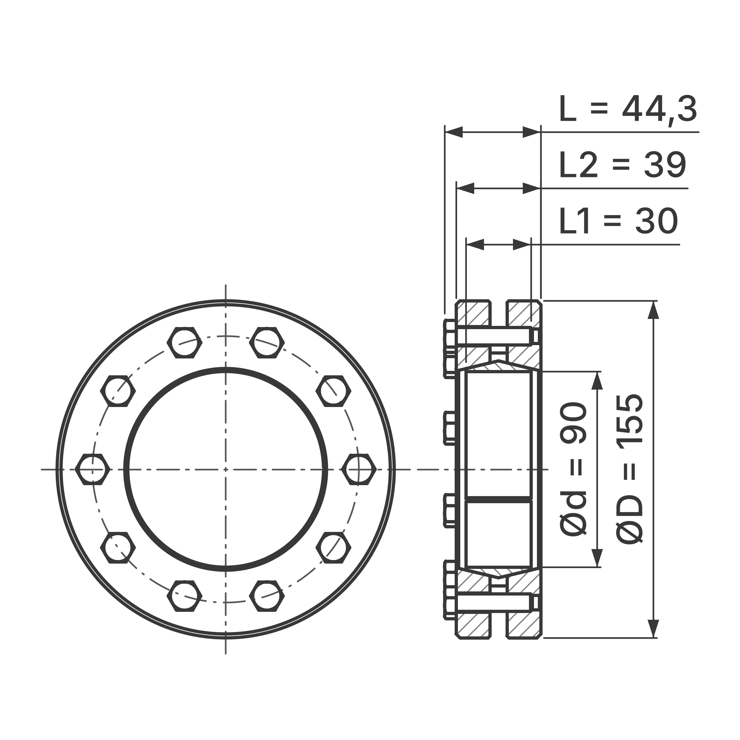 Maßskizze Schrumpfscheibe STW96-90x155: Bohrungs-Ø d, Außen-Ø D, L, L1, L2 in mm, schematisch