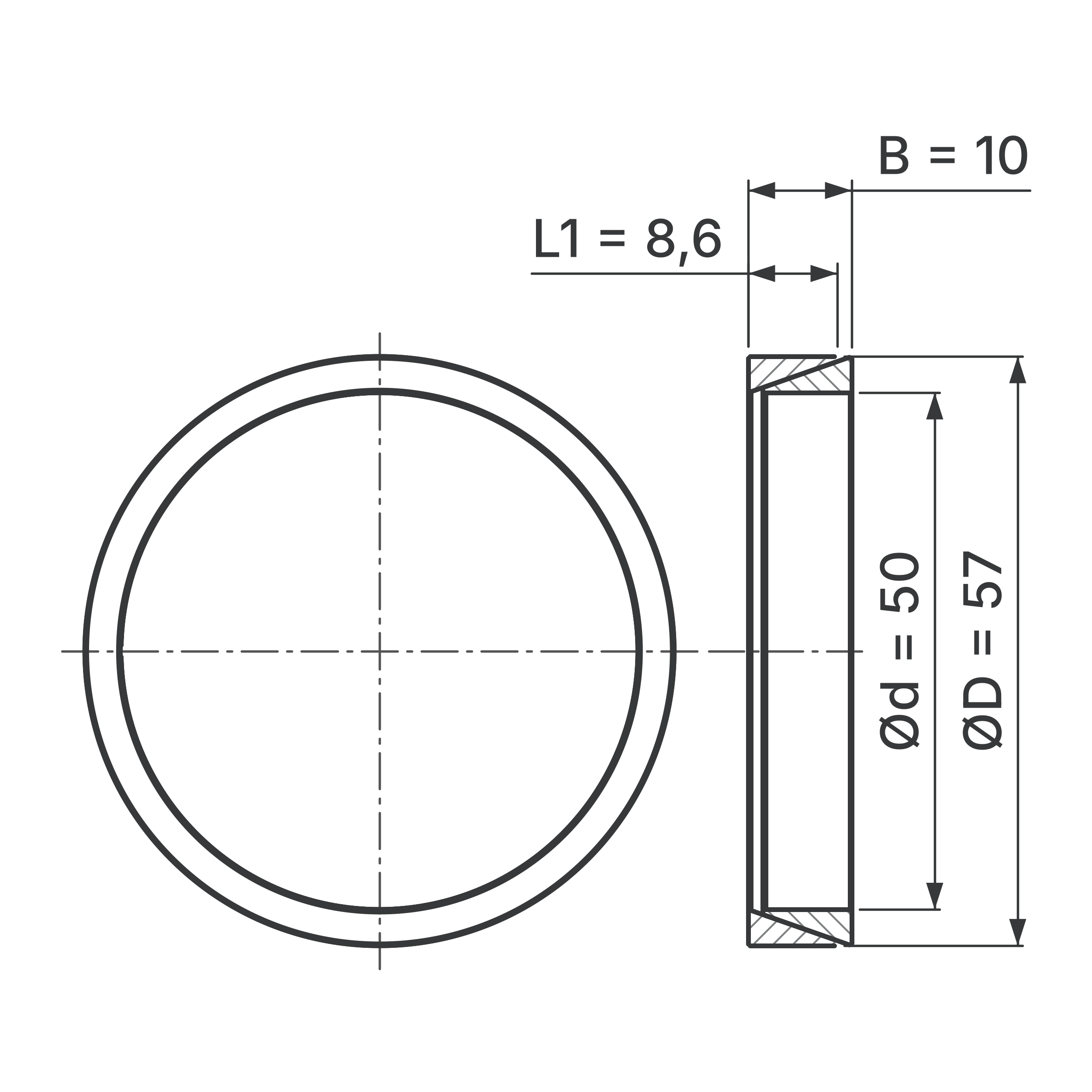 Maßskizze Konus-Spannelement STW56-50x57: Wellen-Ø d, Außen-Ø D, L1, B in mm, schematisch
