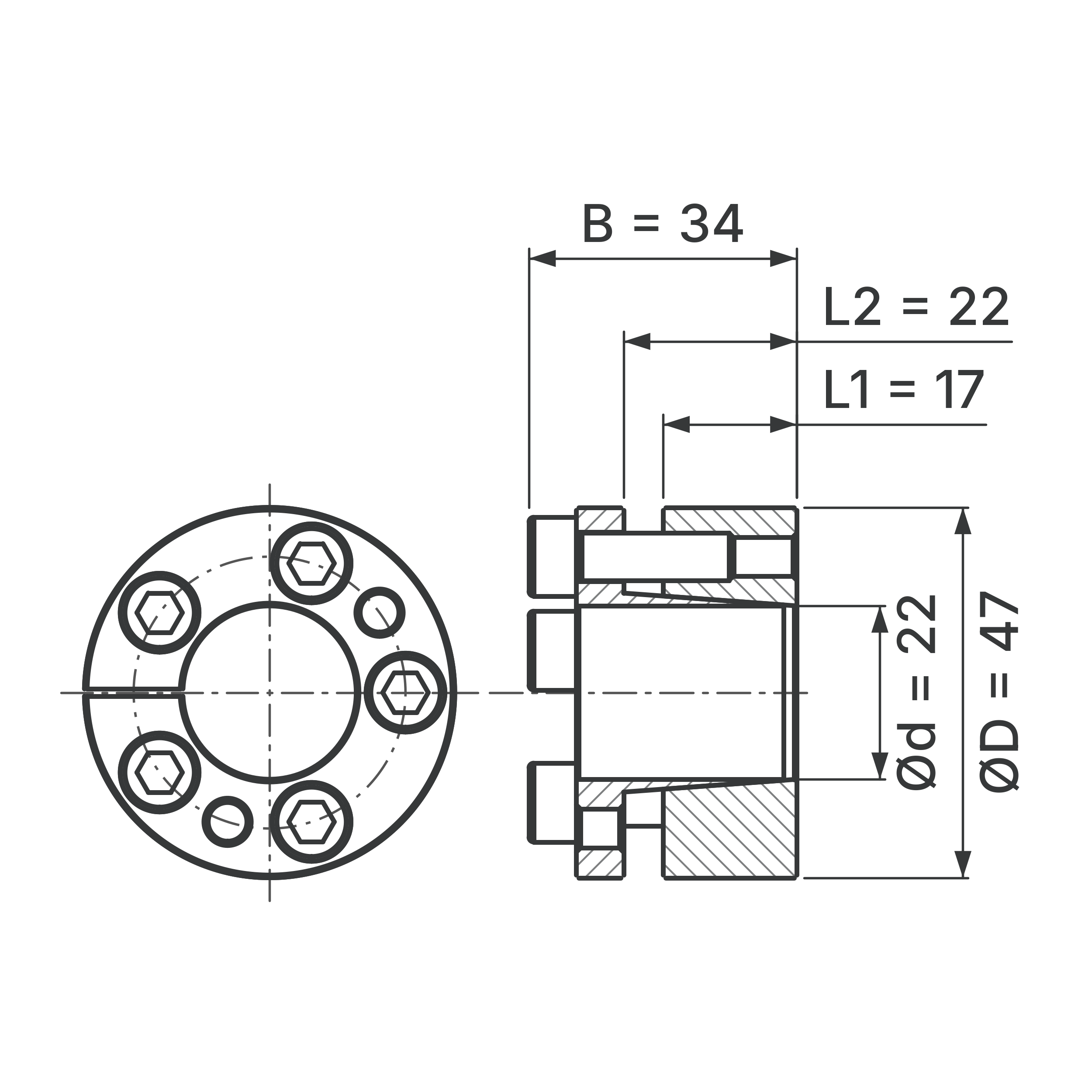Maßskizze Spannsatz STW98-22x47: Wellen-Ø d, Außen-Ø D, L1, L2, B in mm, schematisch