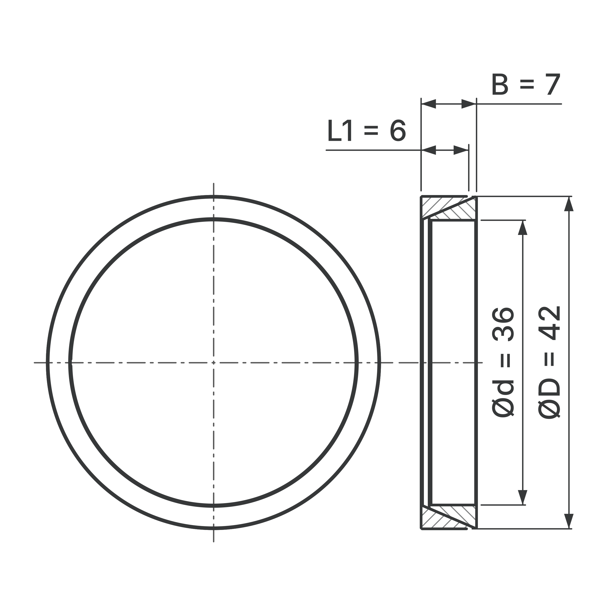 Maßskizze Konus-Spannelement STW56-36x42: Wellen-Ø d, Außen-Ø D, L1, B in mm, schematisch