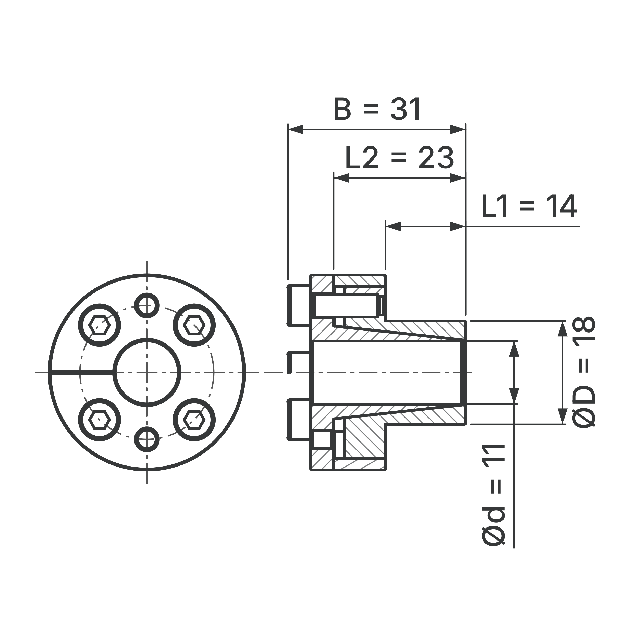 Maßskizze Spannsatz STW27-11x18: Wellen-Ø d, Außen-Ø D, L1, L2, B in mm, schematisch