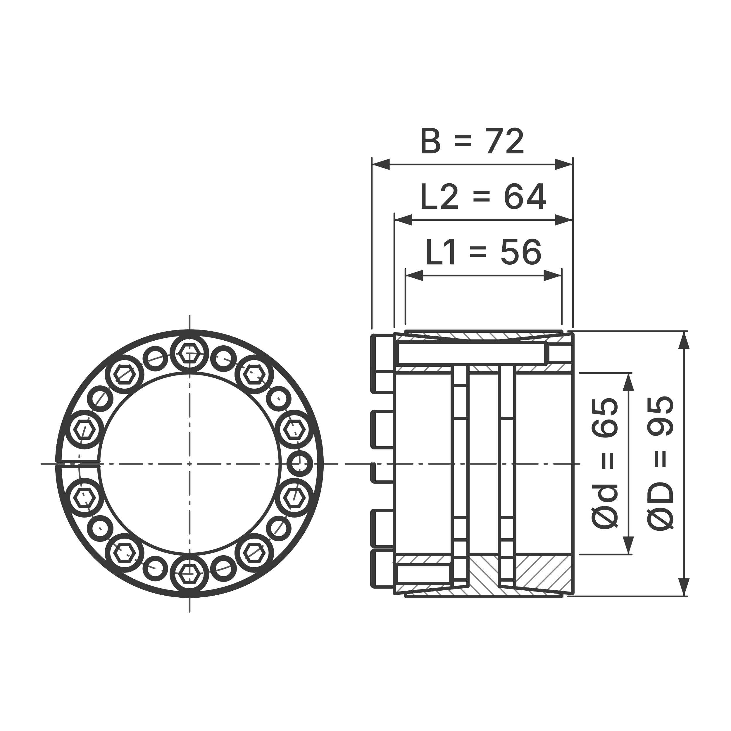 Maßskizze Spannsatz STW33-65x95: Wellen-Ø d, Außen-Ø D, L1, L2, B in mm, schematisch