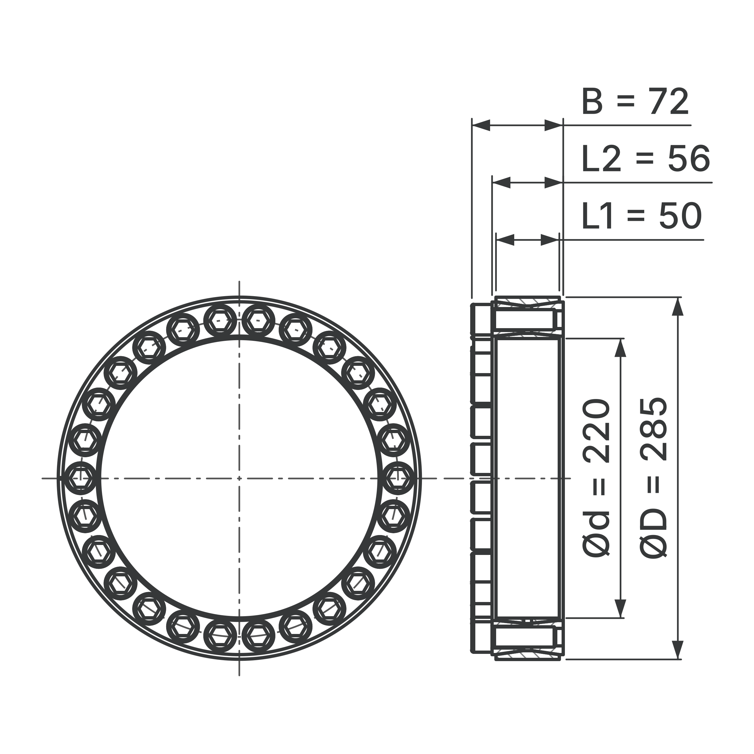 Maßskizze Spannsatz STW60-220x285: Wellen-Ø d, Außen-Ø D, L1, L2, B in mm, schematisch