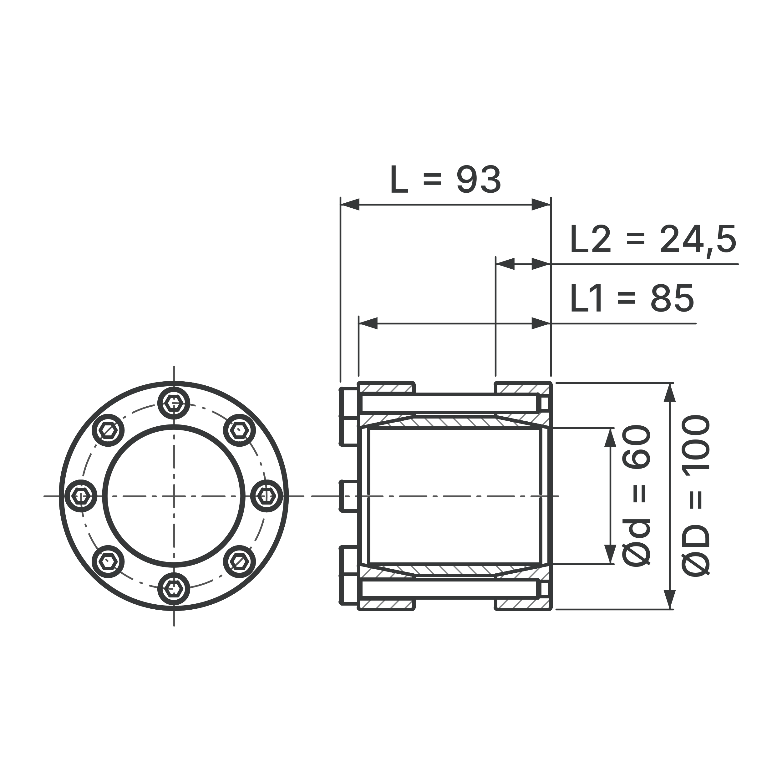 Maßskizze Starre Wellenkupplung STW72-60x100: Wellen-Ø d (beide Wellen), Außen-Ø D, L, L1, L2 in mm, schematisch