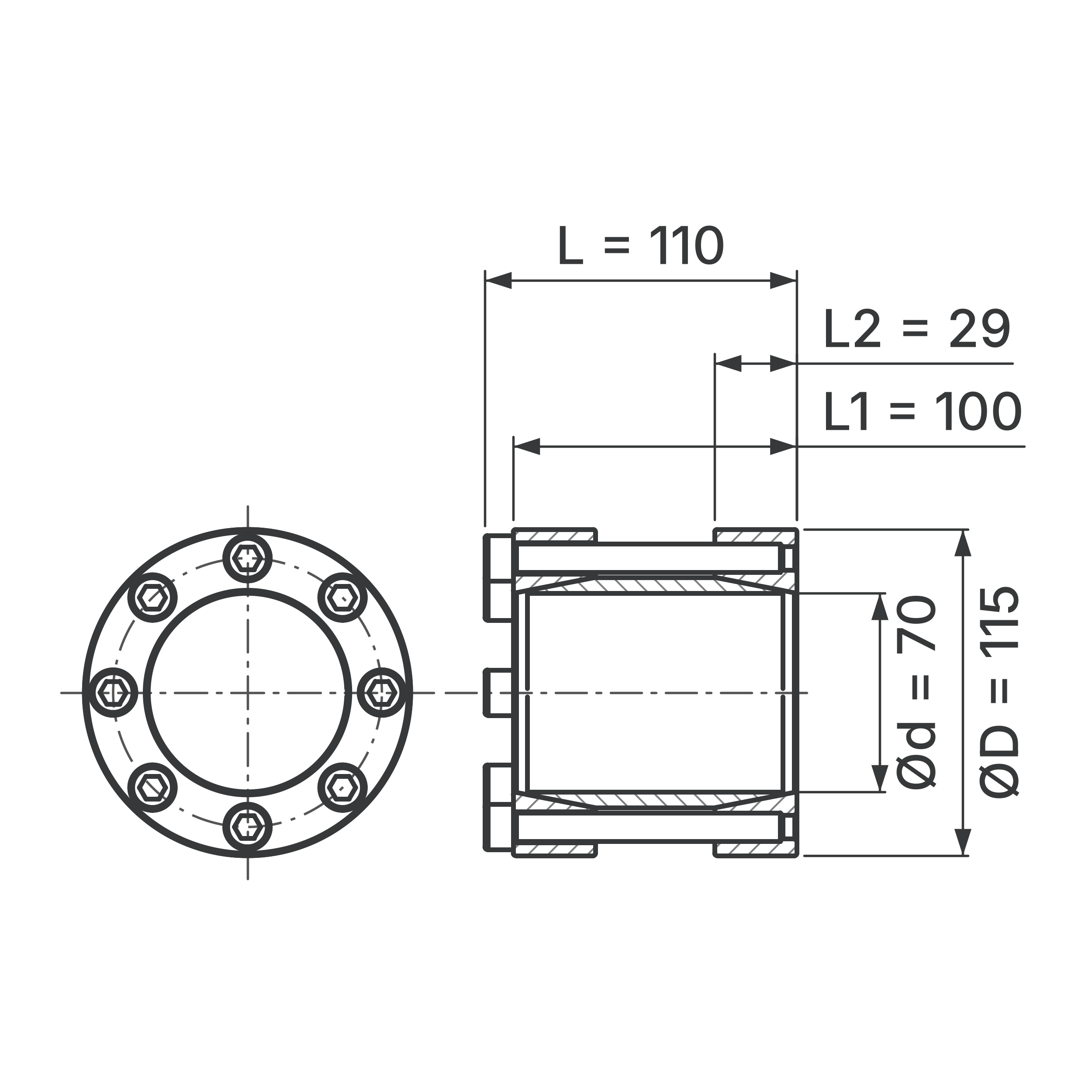 Maßskizze Starre Wellenkupplung STW72-70x115: Wellen-Ø d (beide Wellen), Außen-Ø D, L, L1, L2 in mm, schematisch