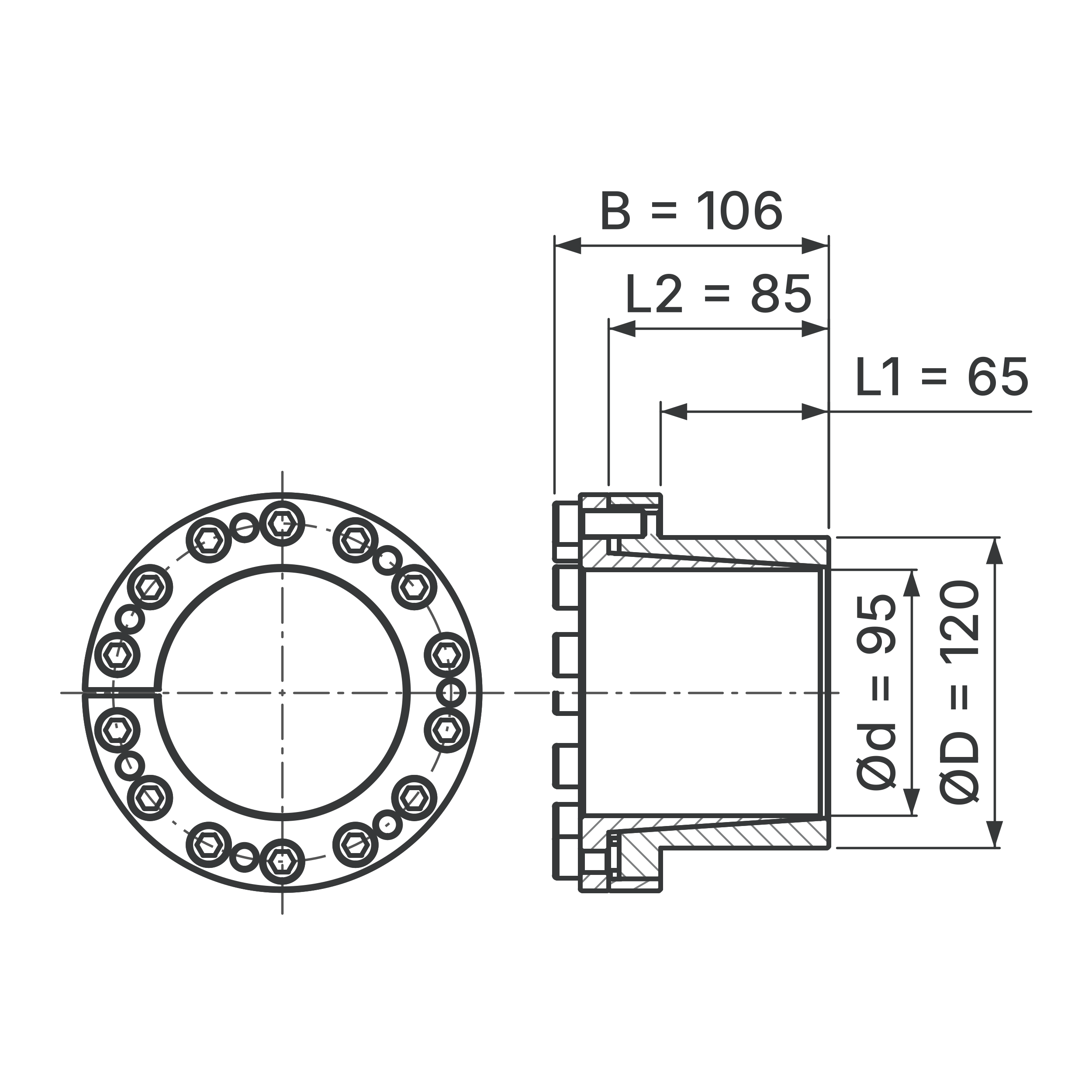Maßskizze Spannsatz STW27-95x120: Wellen-Ø d, Außen-Ø D, L1, L2, B in mm, schematisch