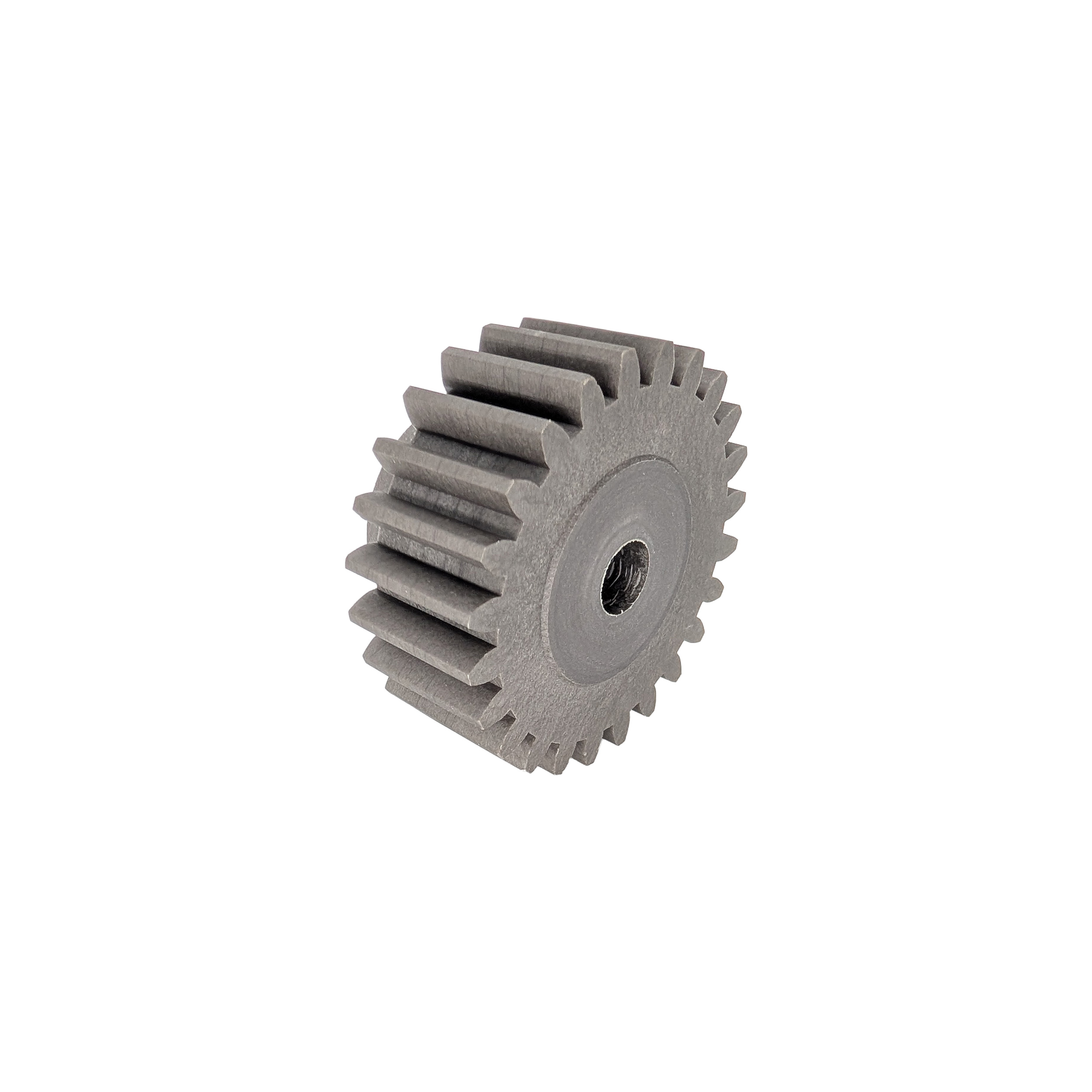 Stirnzahnrad aus Kunststoff mit Nabe – Rückansicht seitlich, Nabe rechts Seitliche Rückansicht eines Stirnzahnrads aus Kunststoff (PA6+FV) mit rechtsseitiger Nabe, zeigt Nabenrückseite und Zahnfußbereich