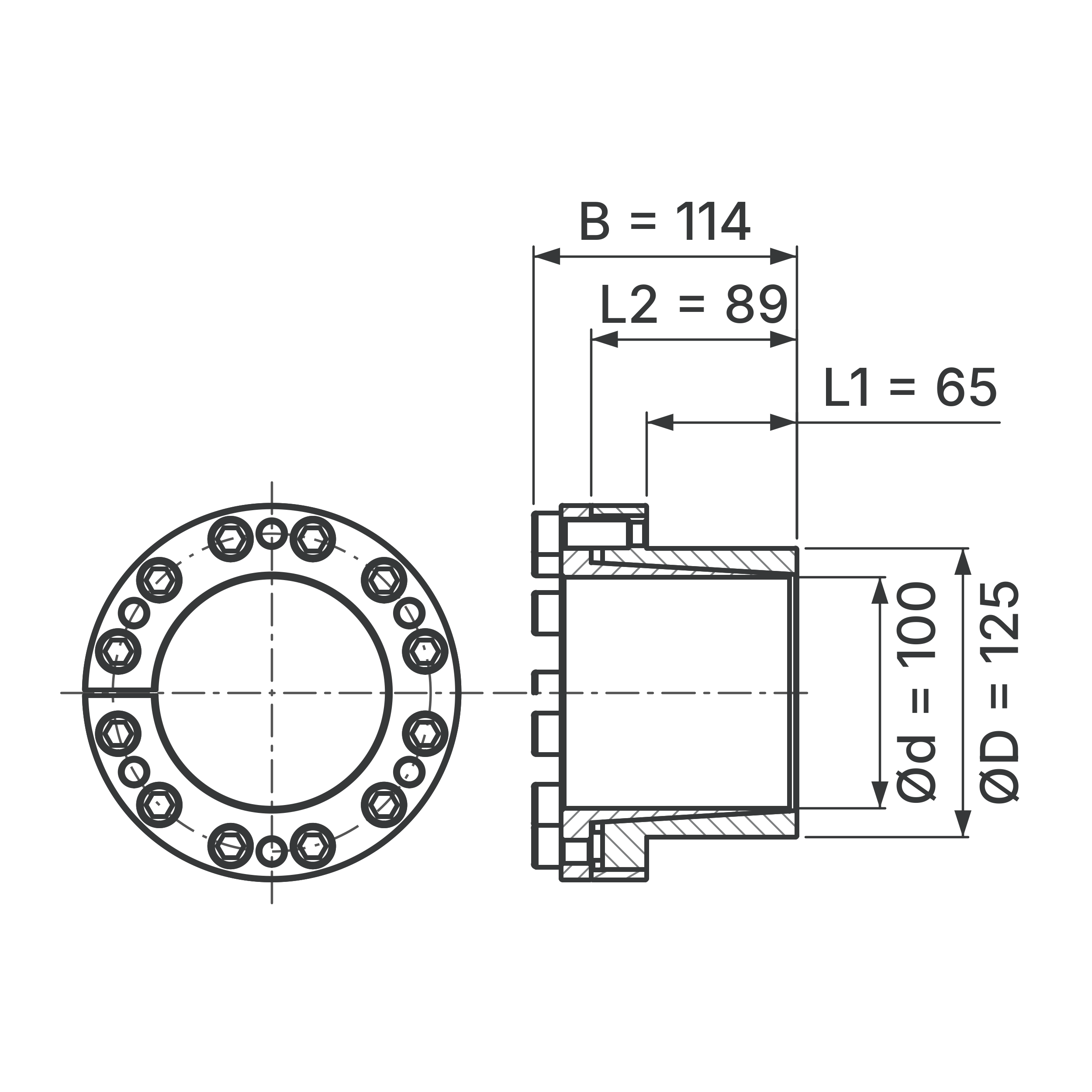 Maßskizze Spannsatz STW27-100x125: Wellen-Ø d, Außen-Ø D, L1, L2, B in mm, schematisch