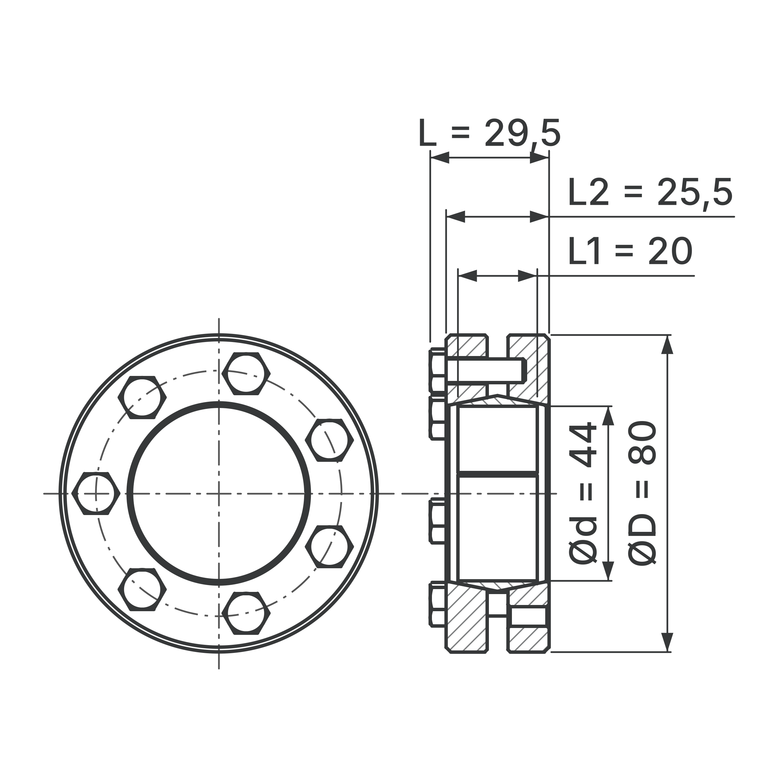Maßskizze Schrumpfscheibe STW96-44x80: Bohrungs-Ø d, Außen-Ø D, L, L1, L2 in mm, schematisch