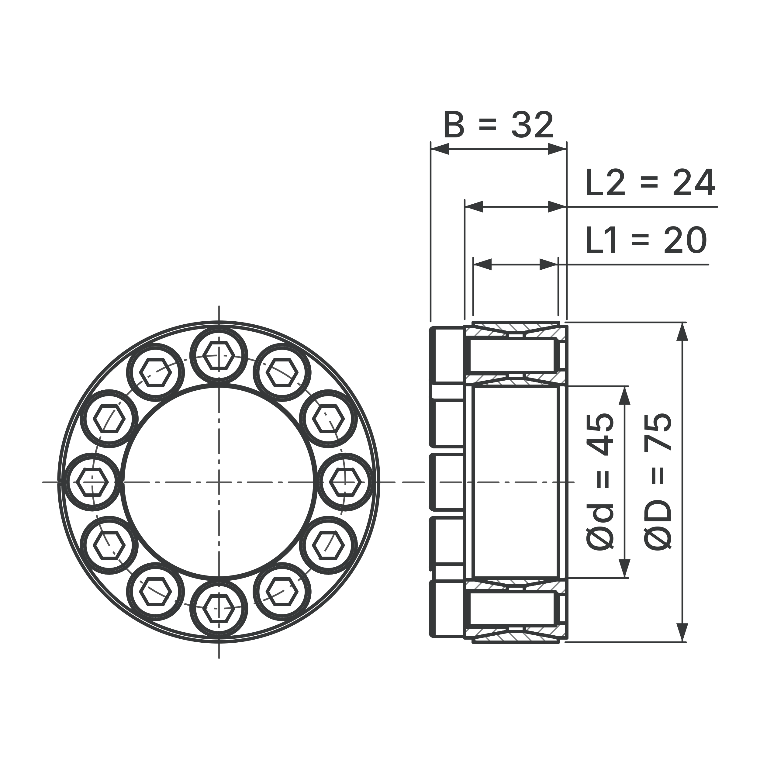 Maßskizze Spannsatz STW60SS-45x75 Edelstahl: Wellen-Ø d, Außen-Ø D, L1, L2, B in mm, schematisch