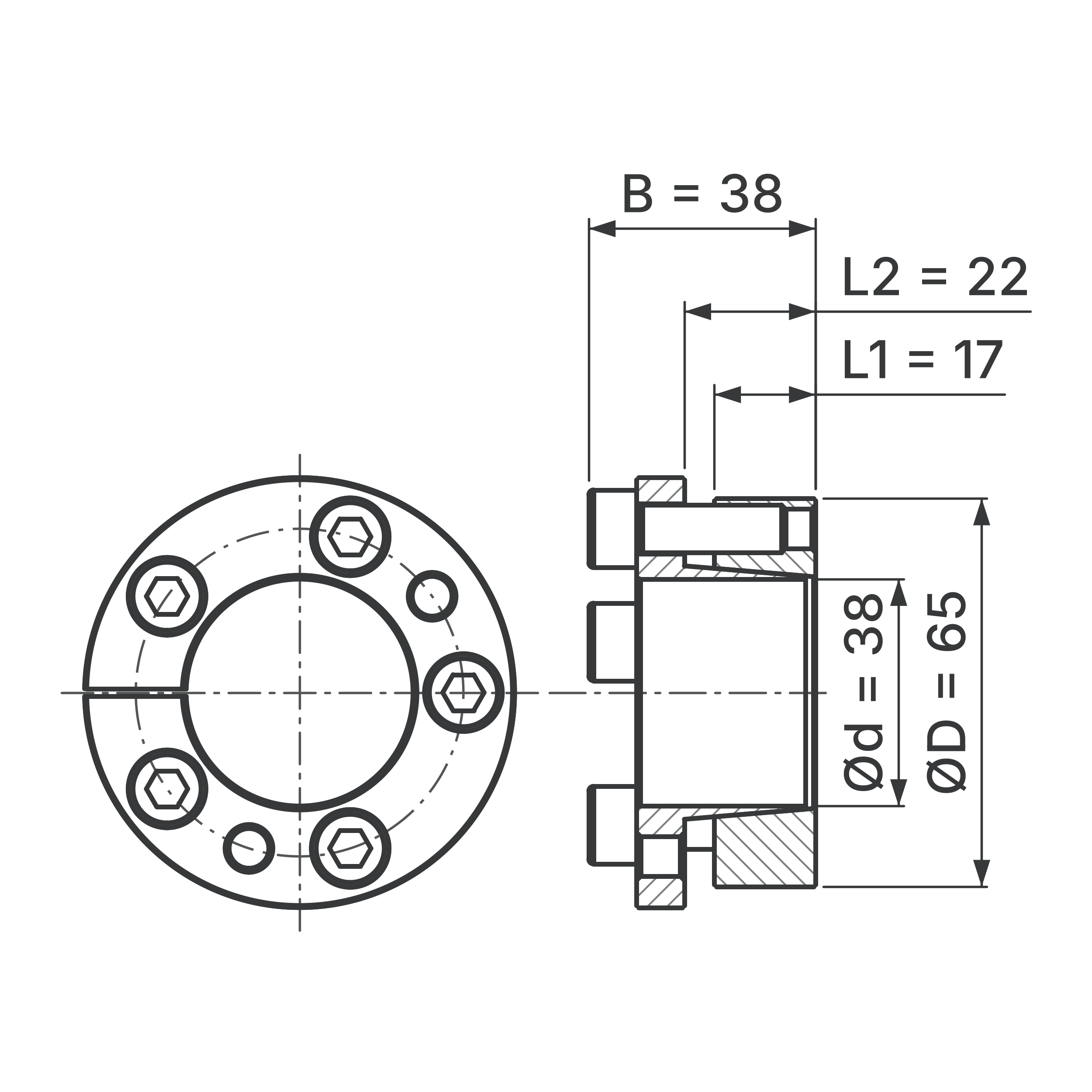 Maßskizze Spannsatz STW31-38x65: Wellen-Ø d, Außen-Ø D, L1, L2, B in mm, schematisch