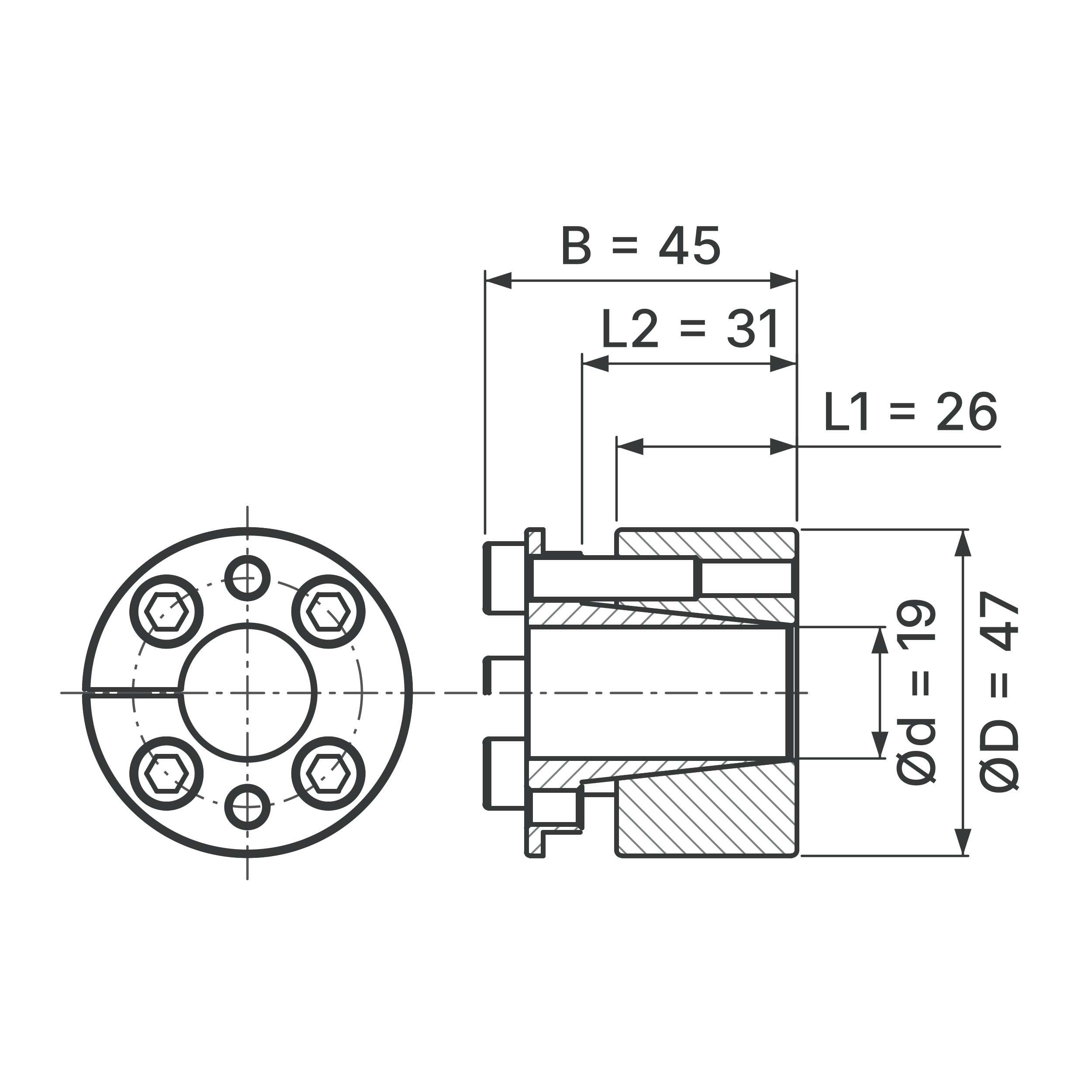 Maßskizze Spannsatz STW26-19x47: Wellen-Ø d, Außen-Ø D, L1, L2, B in mm, schematisch