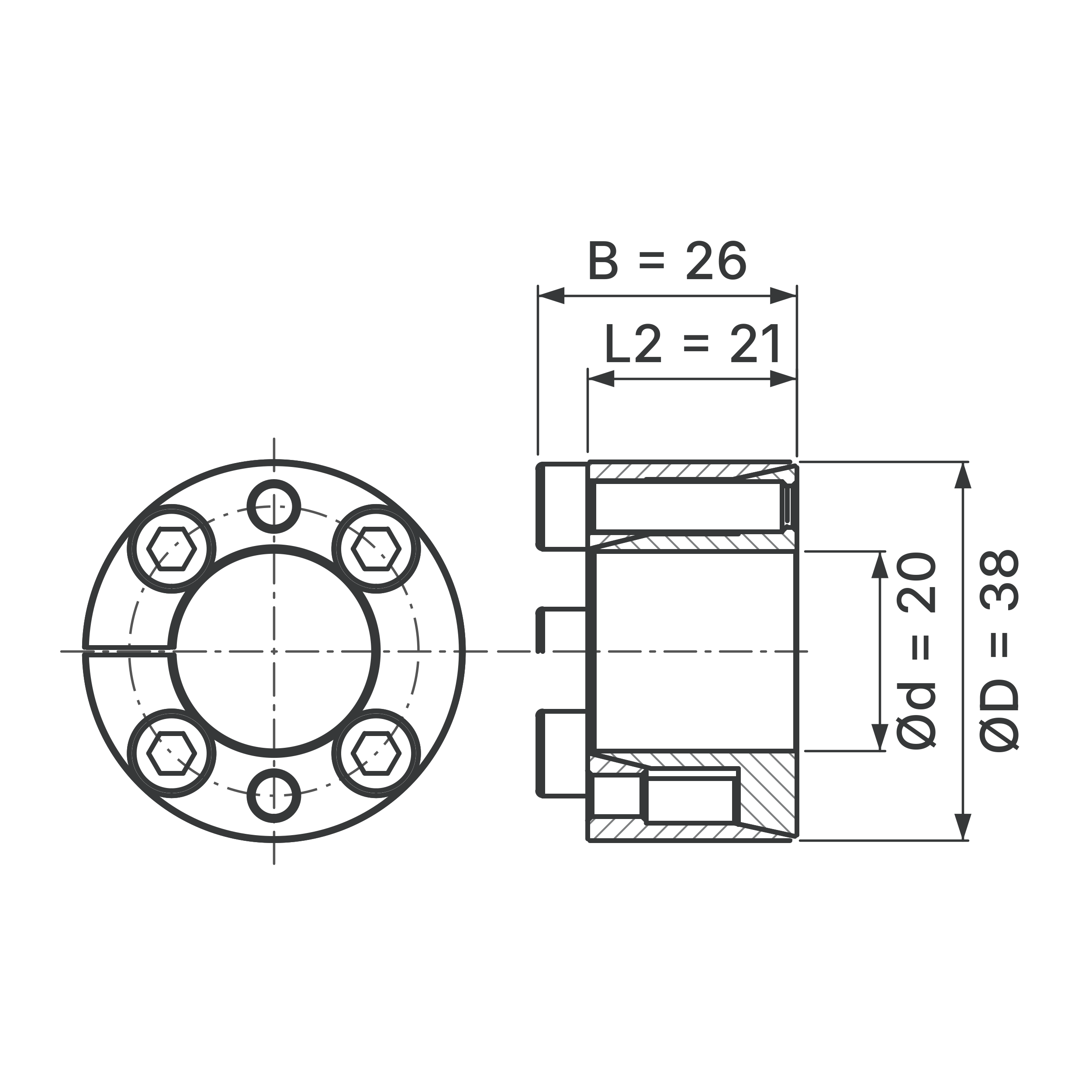 Maßskizze Spannsatz STW71SS-20x38 Edelstahl: Wellen-Ø d, Außen-Ø D, L2, B in mm, schematisch