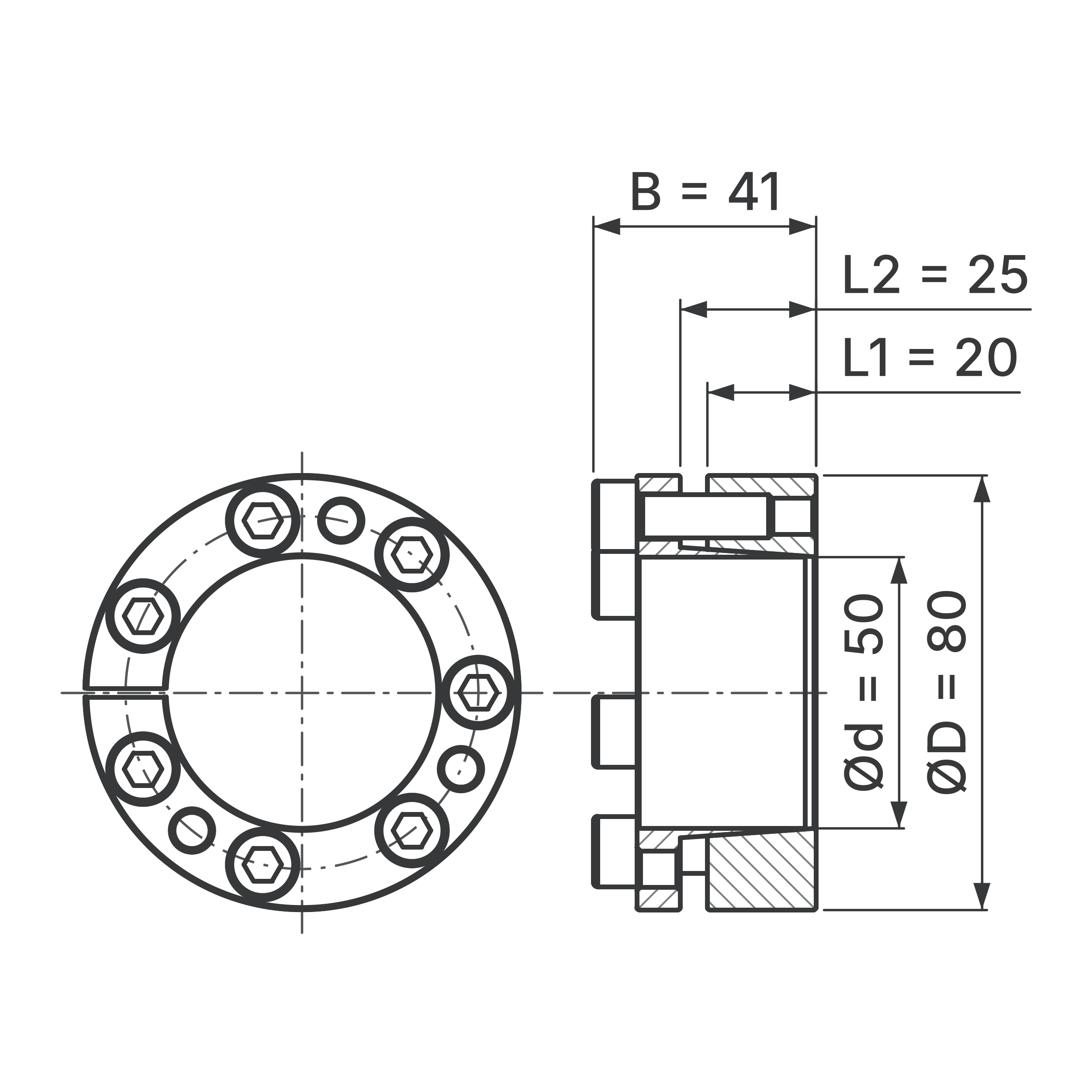 Maßskizze Spannsatz STW98-50x80: Wellen-Ø d, Außen-Ø D, L1, L2, B in mm, schematisch