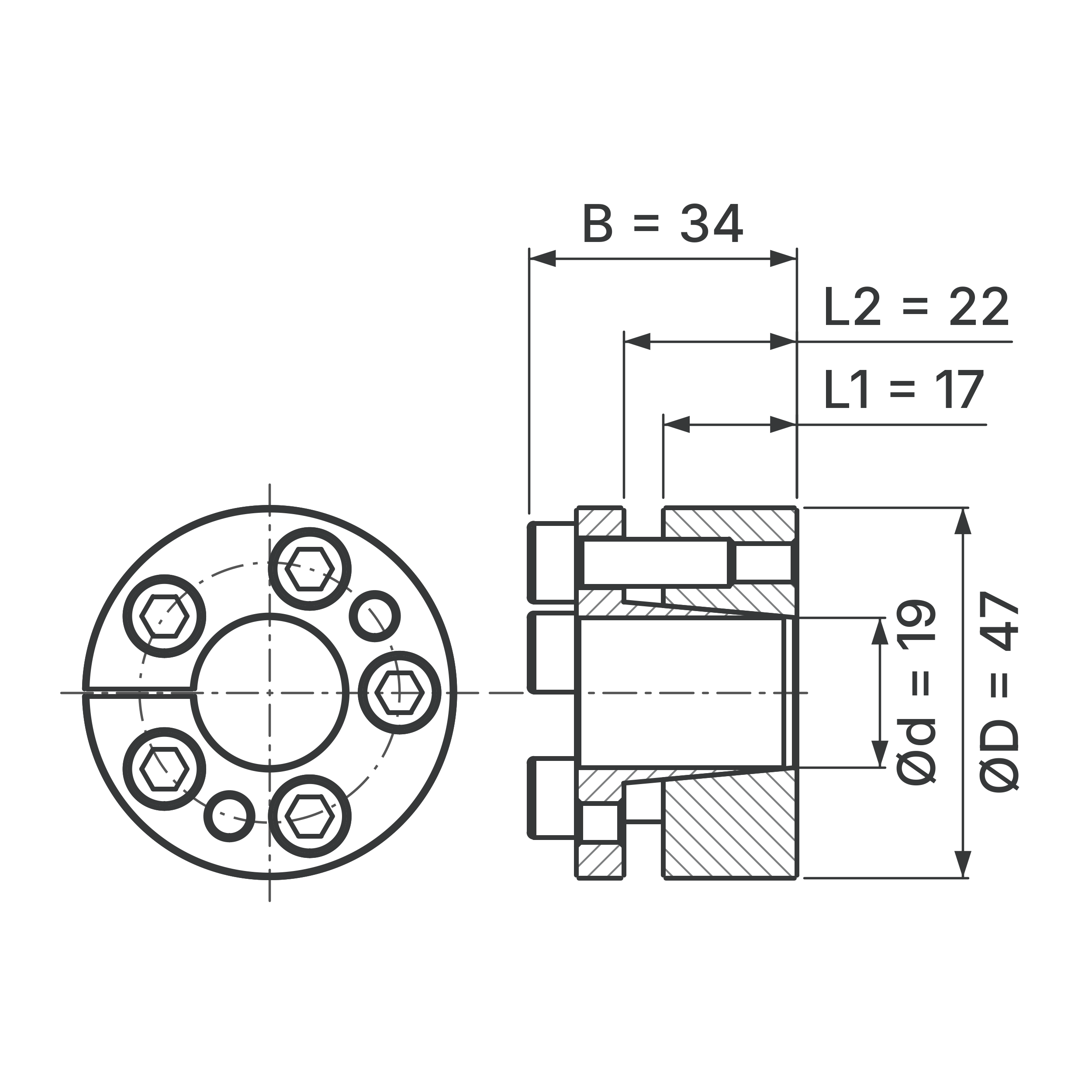 Maßskizze Spannsatz STW98-19x47: Wellen-Ø d, Außen-Ø D, L1, L2, B in mm, schematisch