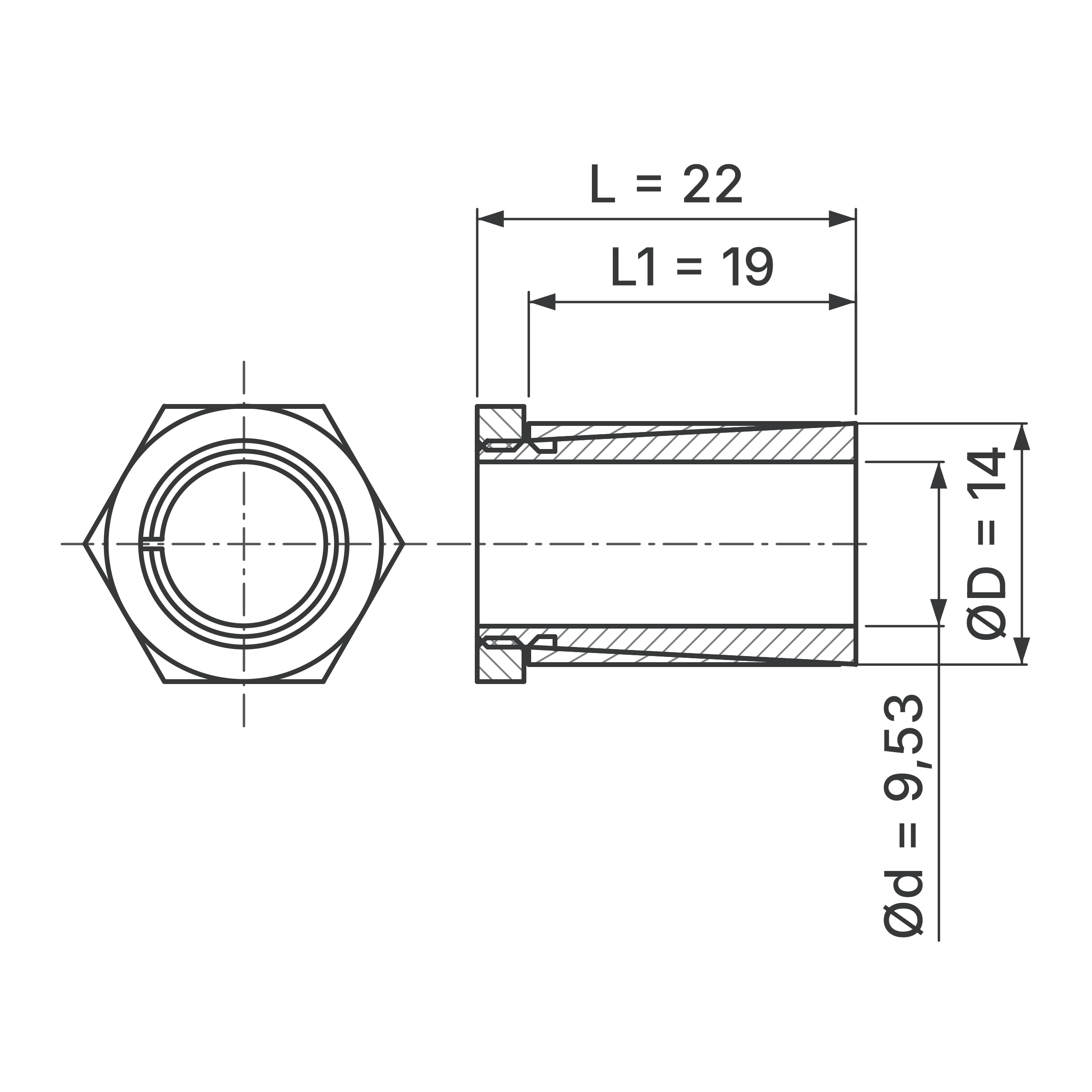Maßskizze Spannsatz STW64SS-9.53x14 Edelstahl: Wellen-Ø d, Außen-Ø D, L1, L in mm, schematisch
