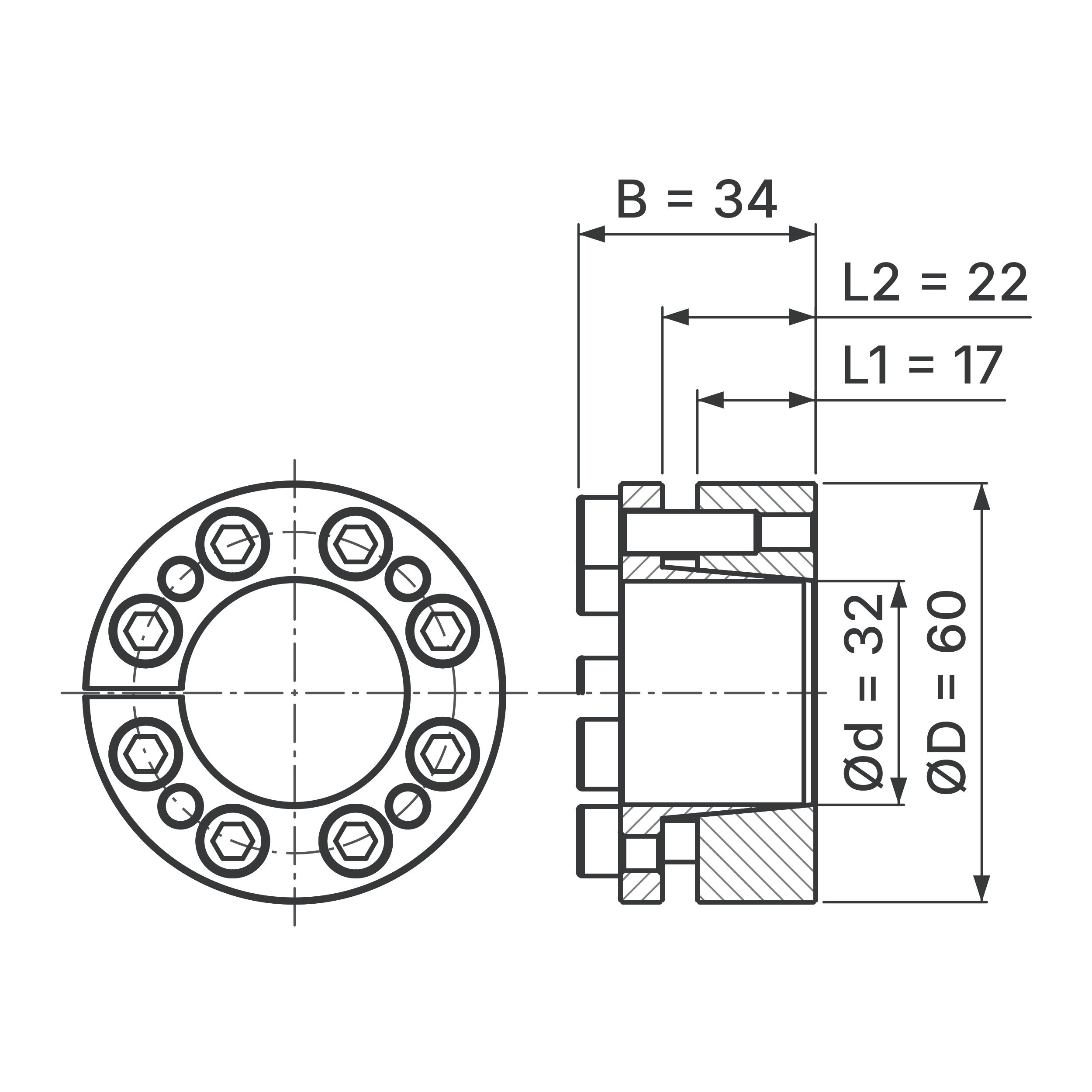 Maßskizze Spannsatz STW98-32x60: Wellen-Ø d, Außen-Ø D, L1, L2, B in mm, schematisch
