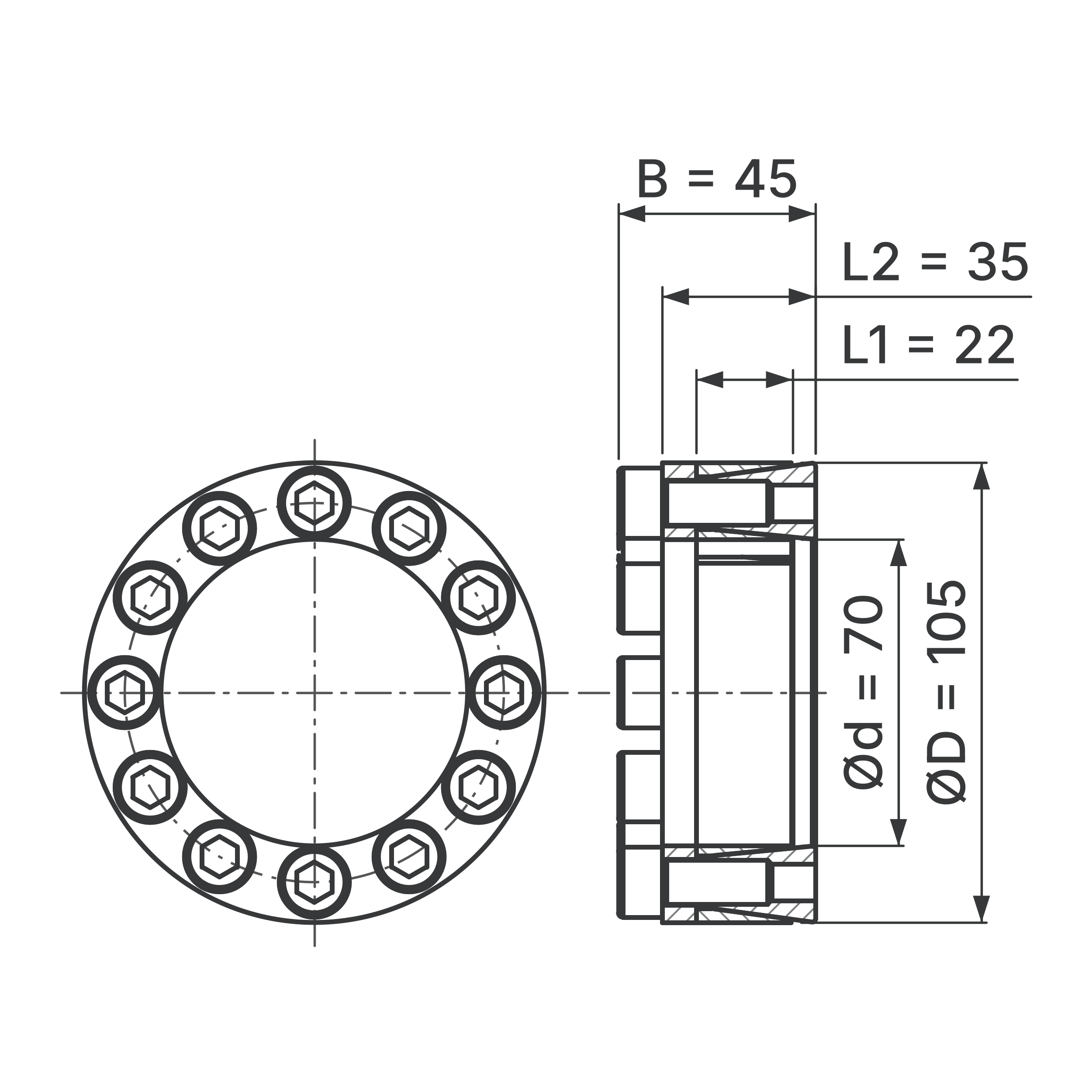 Maßskizze Spannsatz STW29-70x105: Wellen-Ø d, Außen-Ø D, L1, L2, B in mm, schematisch