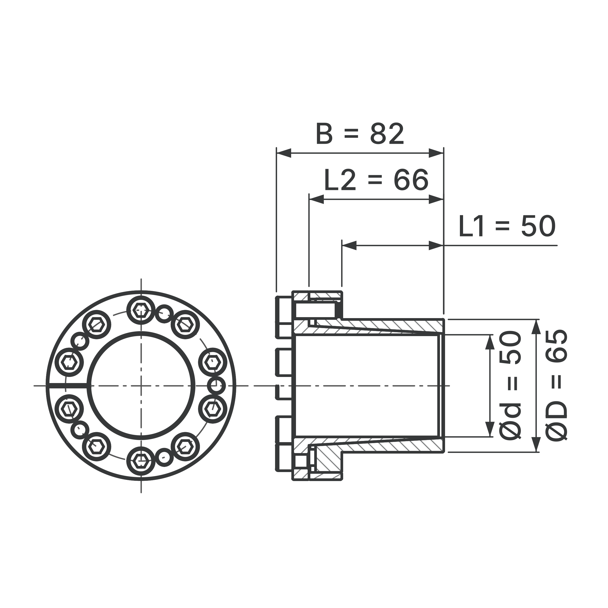 Maßskizze Spannsatz STW27-50x65: Wellen-Ø d, Außen-Ø D, L1, L2, B in mm, schematisch