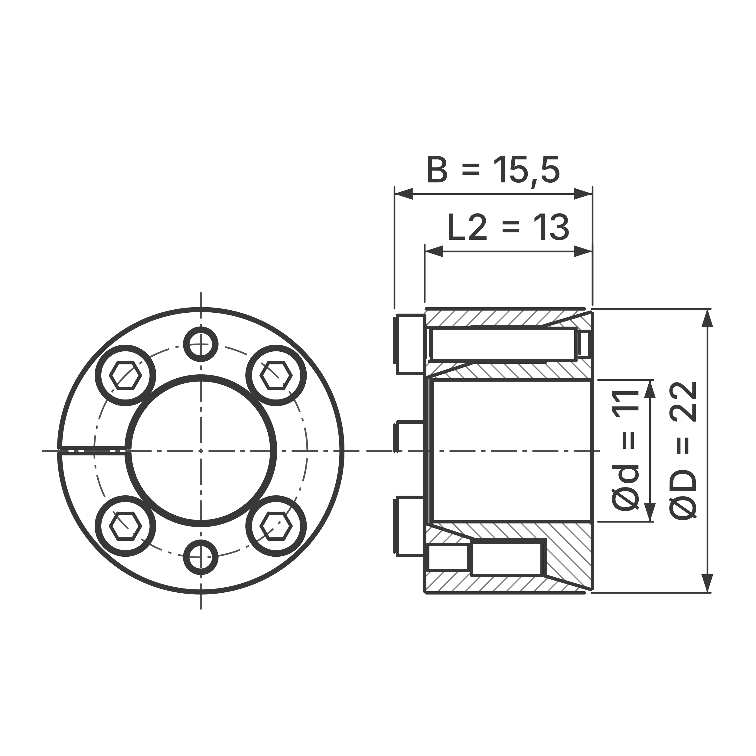 Maßskizze Spannsatz STW71SS-11x22 Edelstahl: Wellen-Ø d, Außen-Ø D, L2, B in mm, schematisch