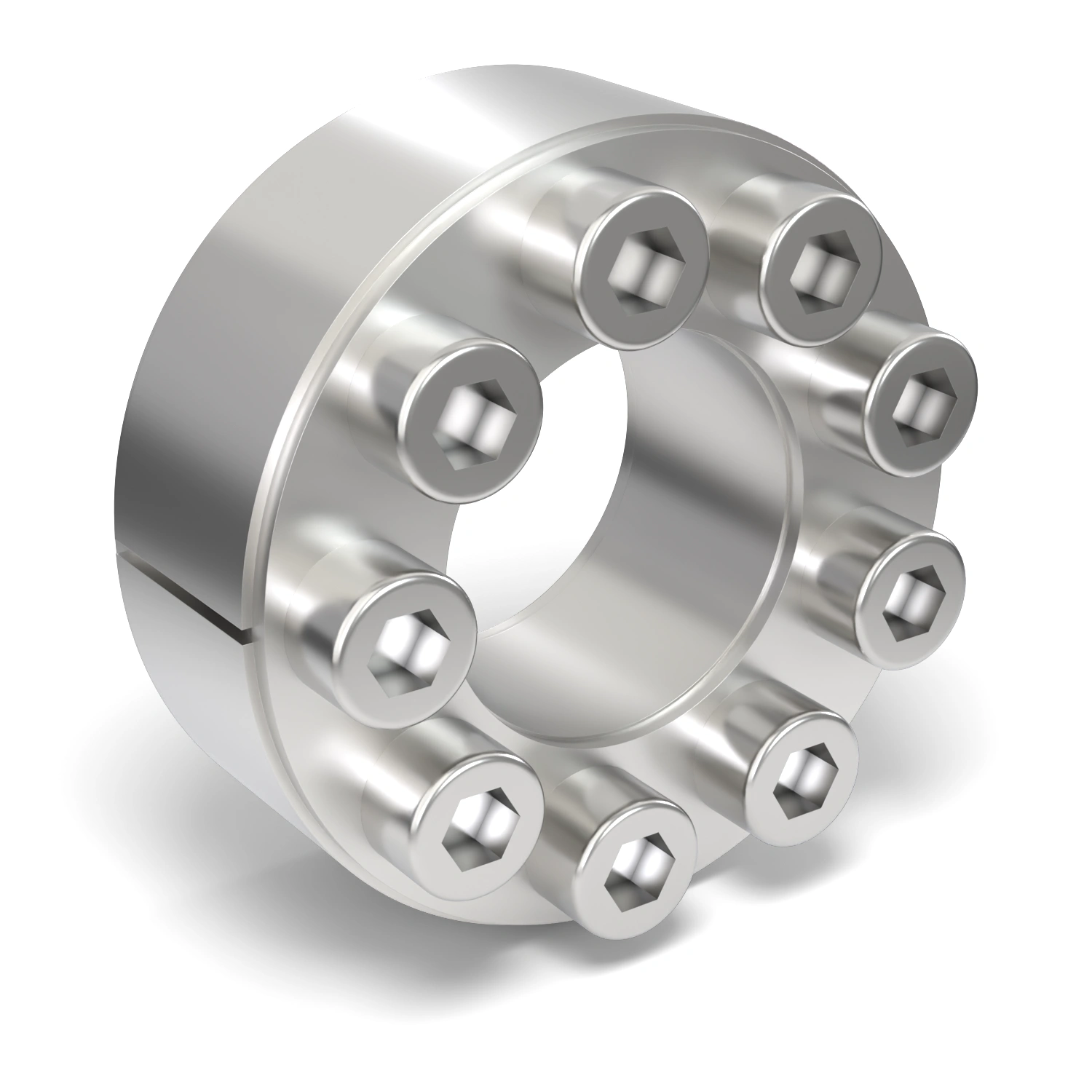Spannsatz STW60SS-28x55 Edelstahl, Frontalansicht der Stirnseite mit 9 Spannschrauben