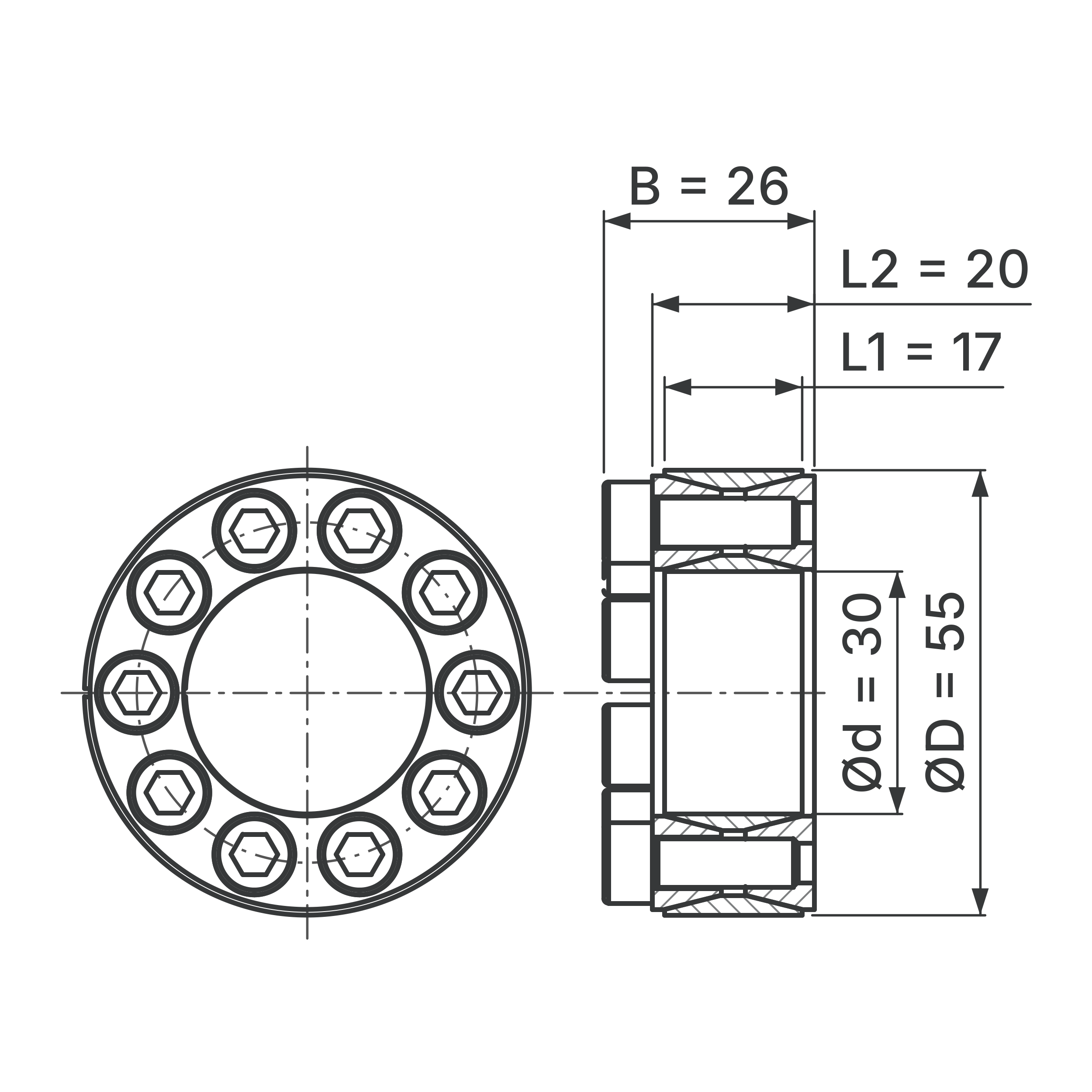 Maßskizze Spannsatz STW60-30x55: Wellen-Ø d, Außen-Ø D, L1, L2, B in mm, schematisch