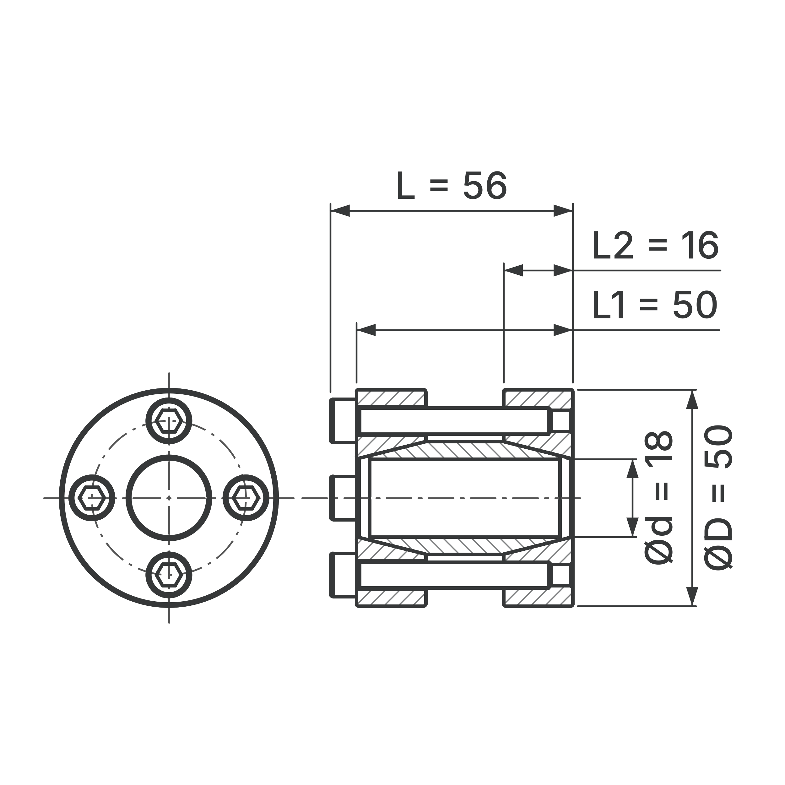 Maßskizze Starre Wellenkupplung STW72-18x50: Wellen-Ø d (beide Wellen), Außen-Ø D, L, L1, L2 in mm, schematisch