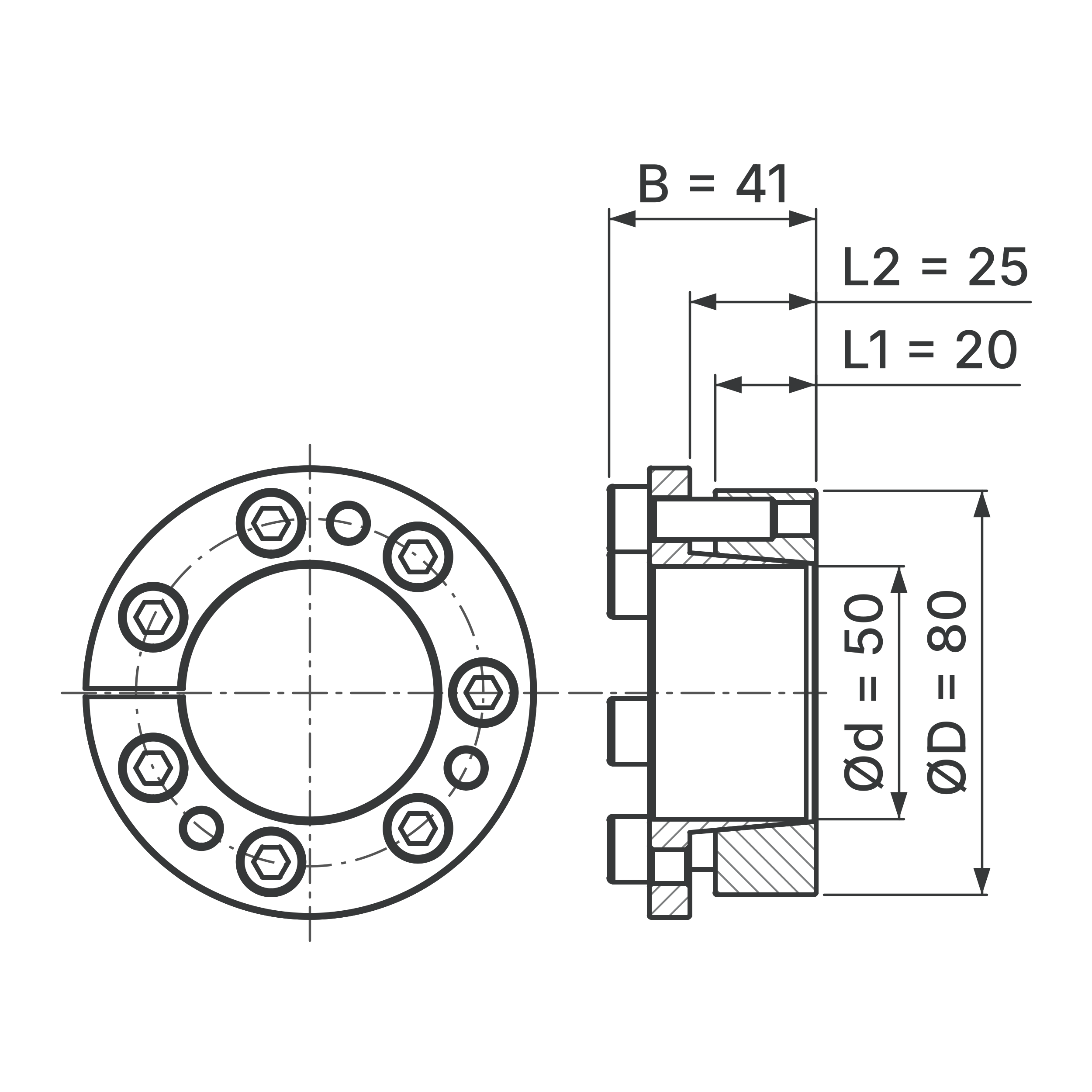 Maßskizze Spannsatz STW77-50x80: Wellen-Ø d, Außen-Ø D, L1, L2, B in mm, schematisch