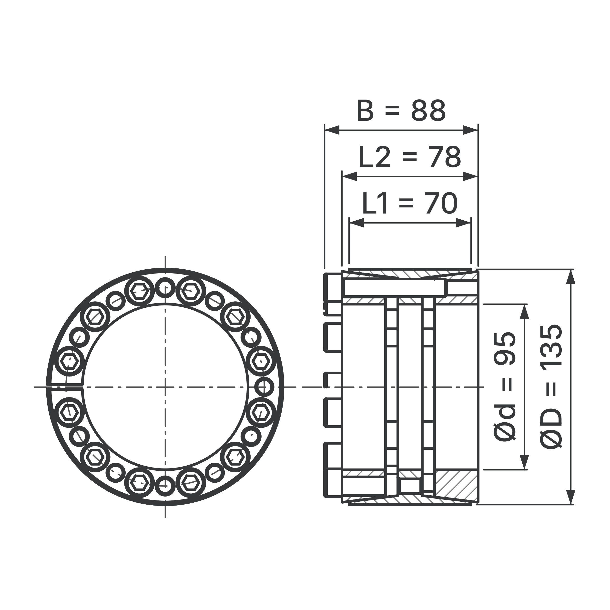 Maßskizze Spannsatz STW33-95x135: Wellen-Ø d, Außen-Ø D, L1, L2, B in mm, schematisch