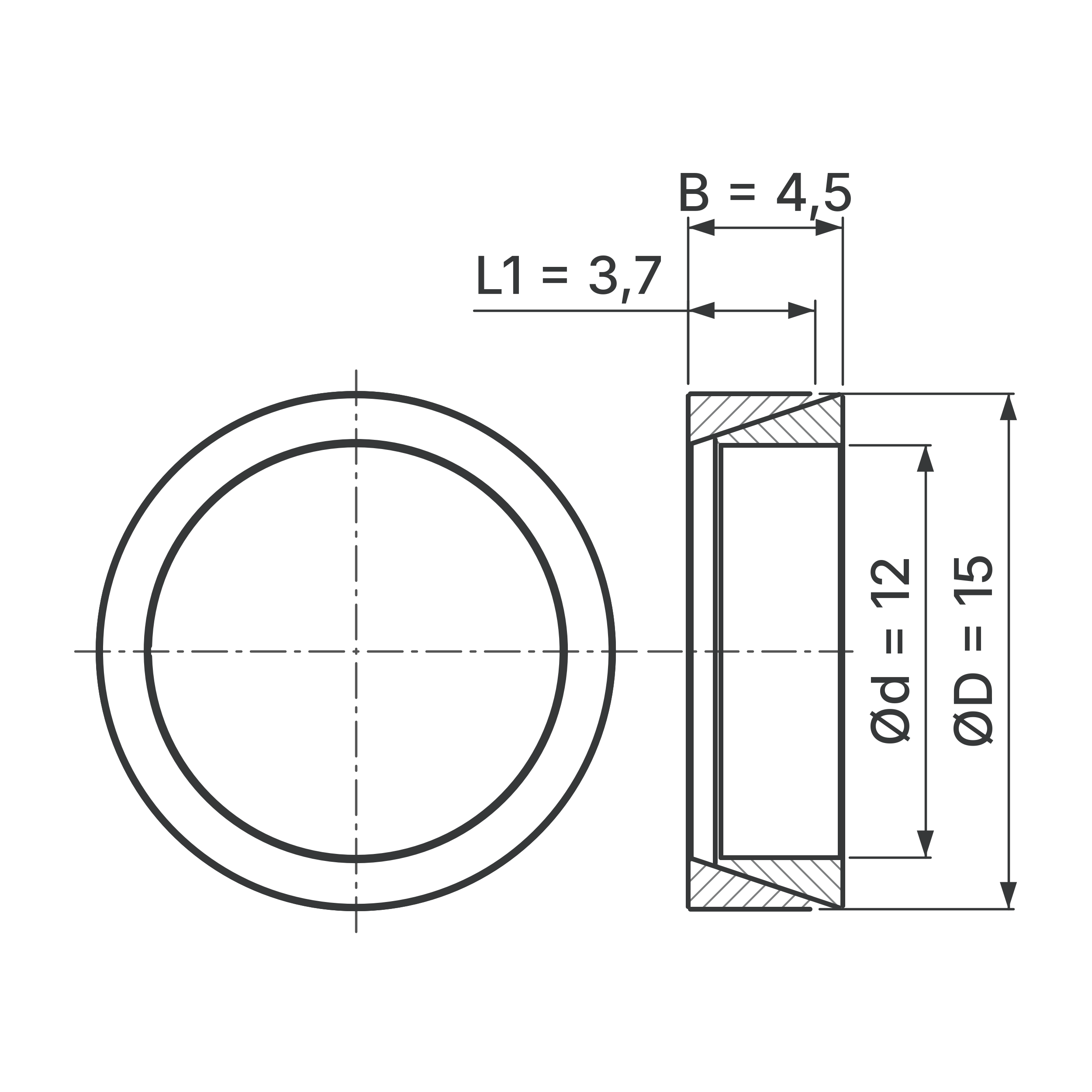 Maßskizze Konus-Spannelement STW56-12x15: Wellen-Ø d, Außen-Ø D, L1, B in mm, schematisch