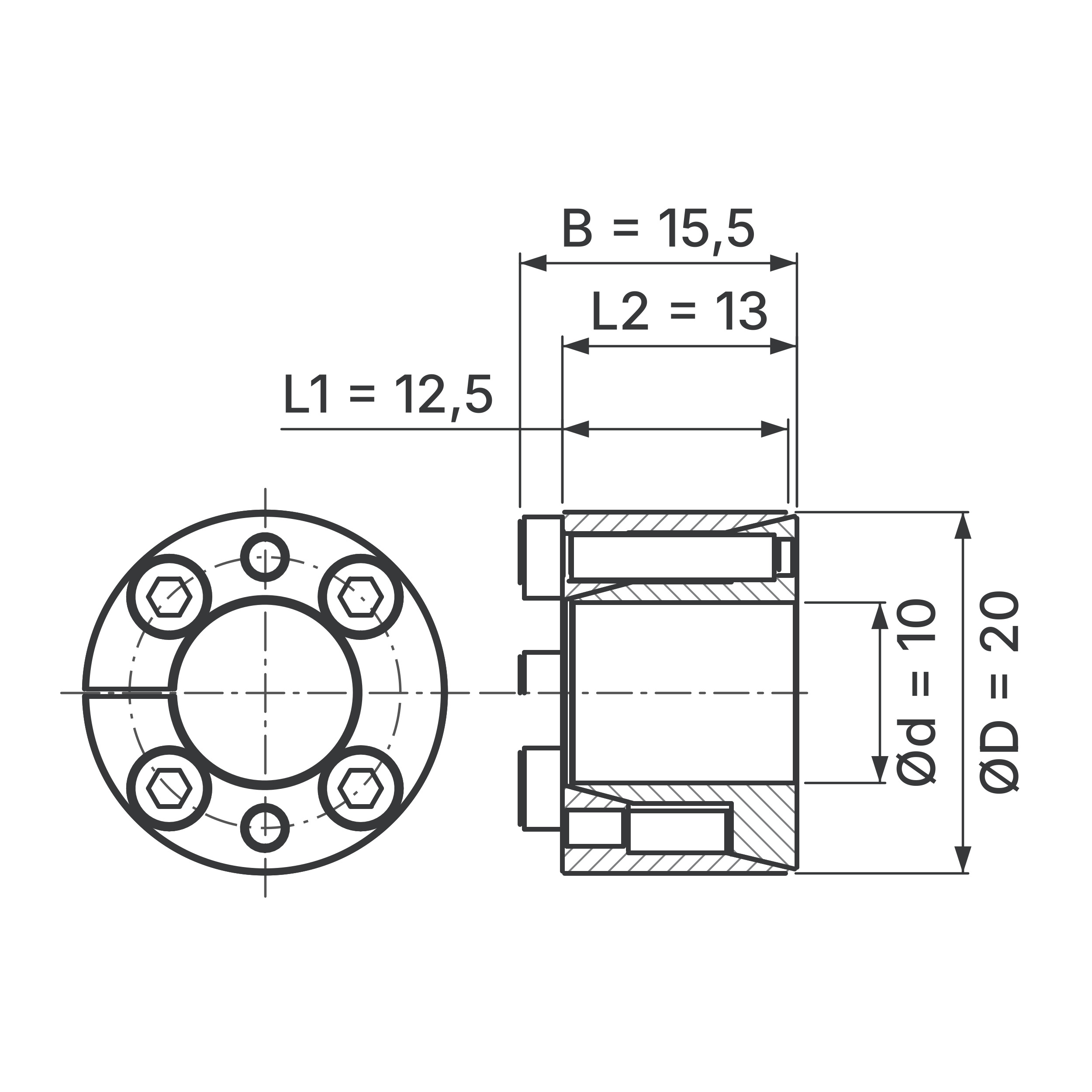 Maßskizze Spannsatz STW71-10x20: Wellen-Ø d, Außen-Ø D, L1, L2, B in mm, schematisch