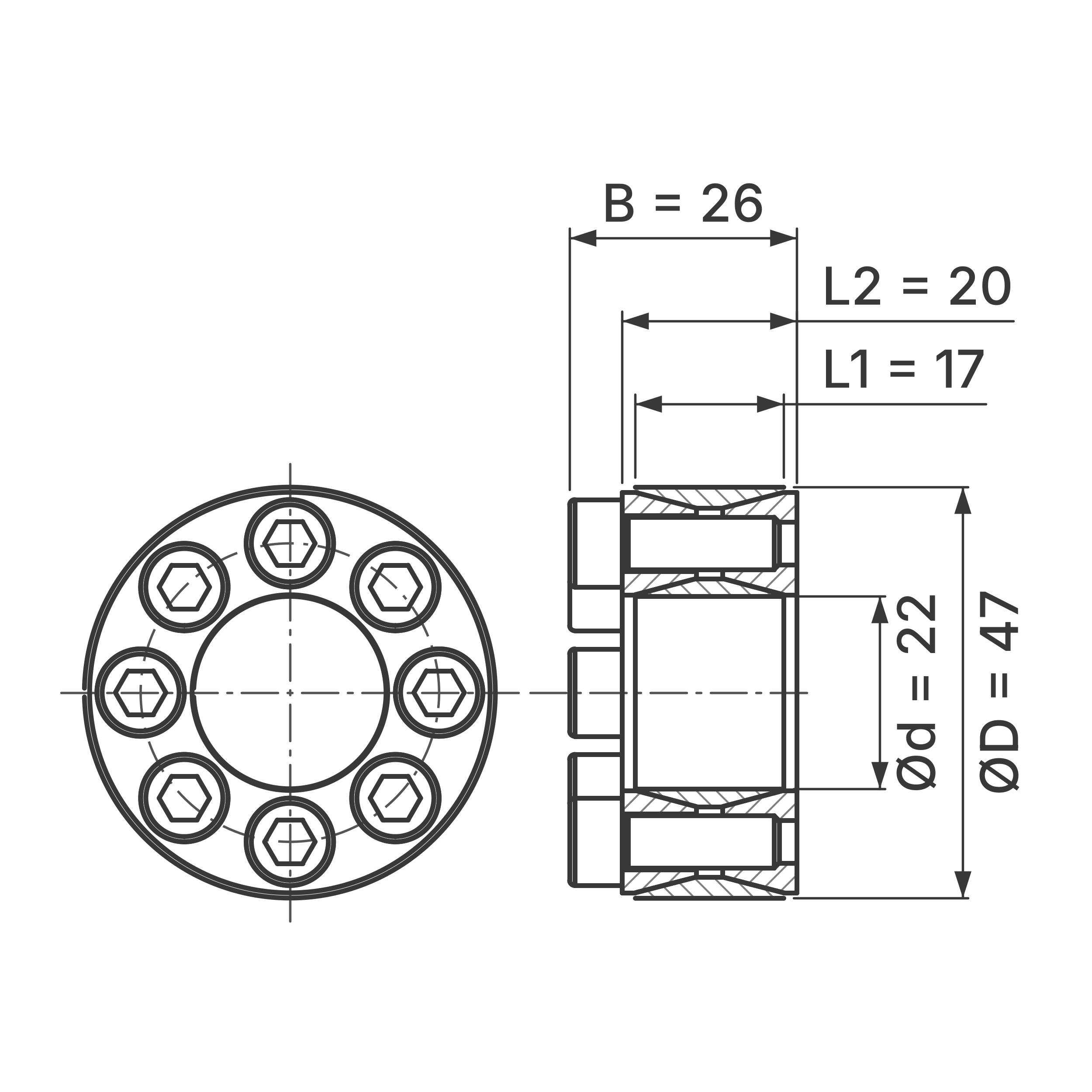 Maßskizze Spannsatz STW60-22x47: Wellen-Ø d, Außen-Ø D, L1, L2, B in mm, schematisch