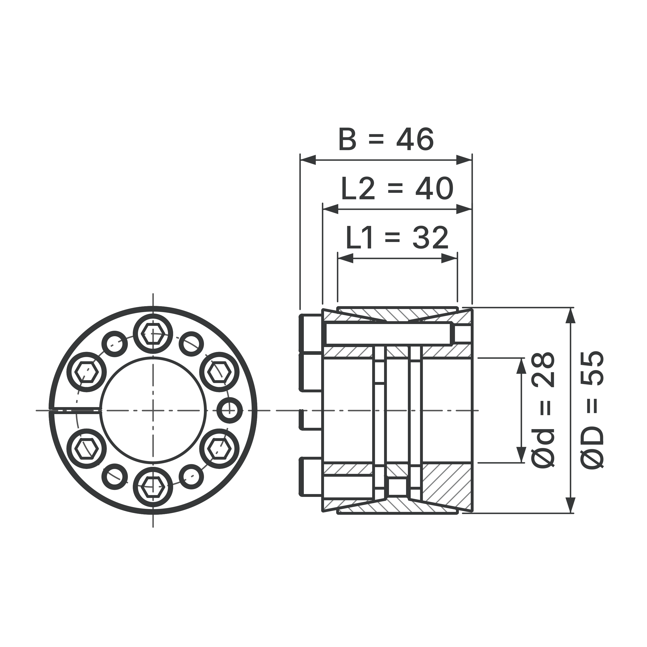 Maßskizze Spannsatz STW33-28x55: Wellen-Ø d, Außen-Ø D, L1, L2, B in mm, schematisch