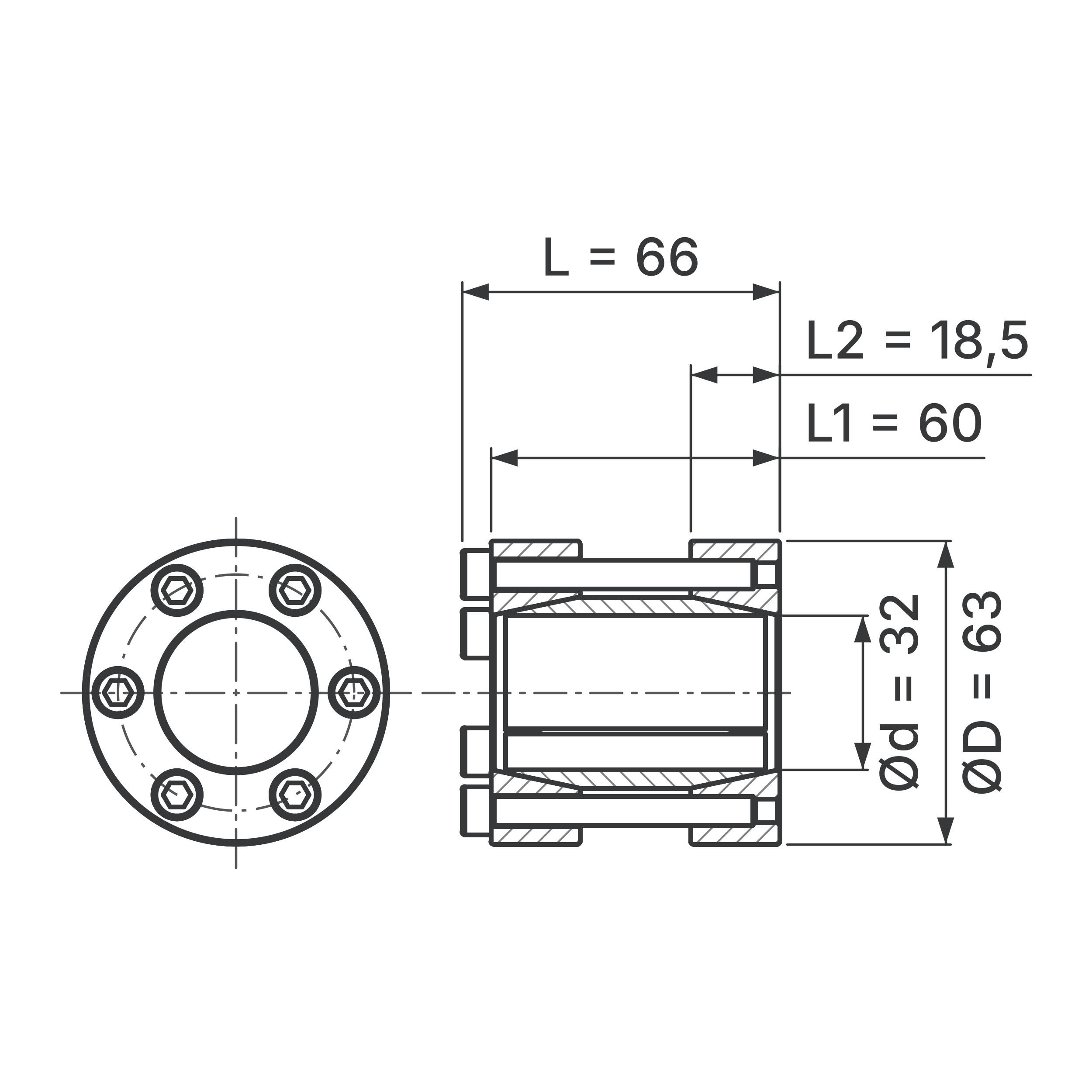 Maßskizze Starre Wellenkupplung STW72-32x63: Wellen-Ø d (beide Wellen), Außen-Ø D, L, L1, L2 in mm, schematisch