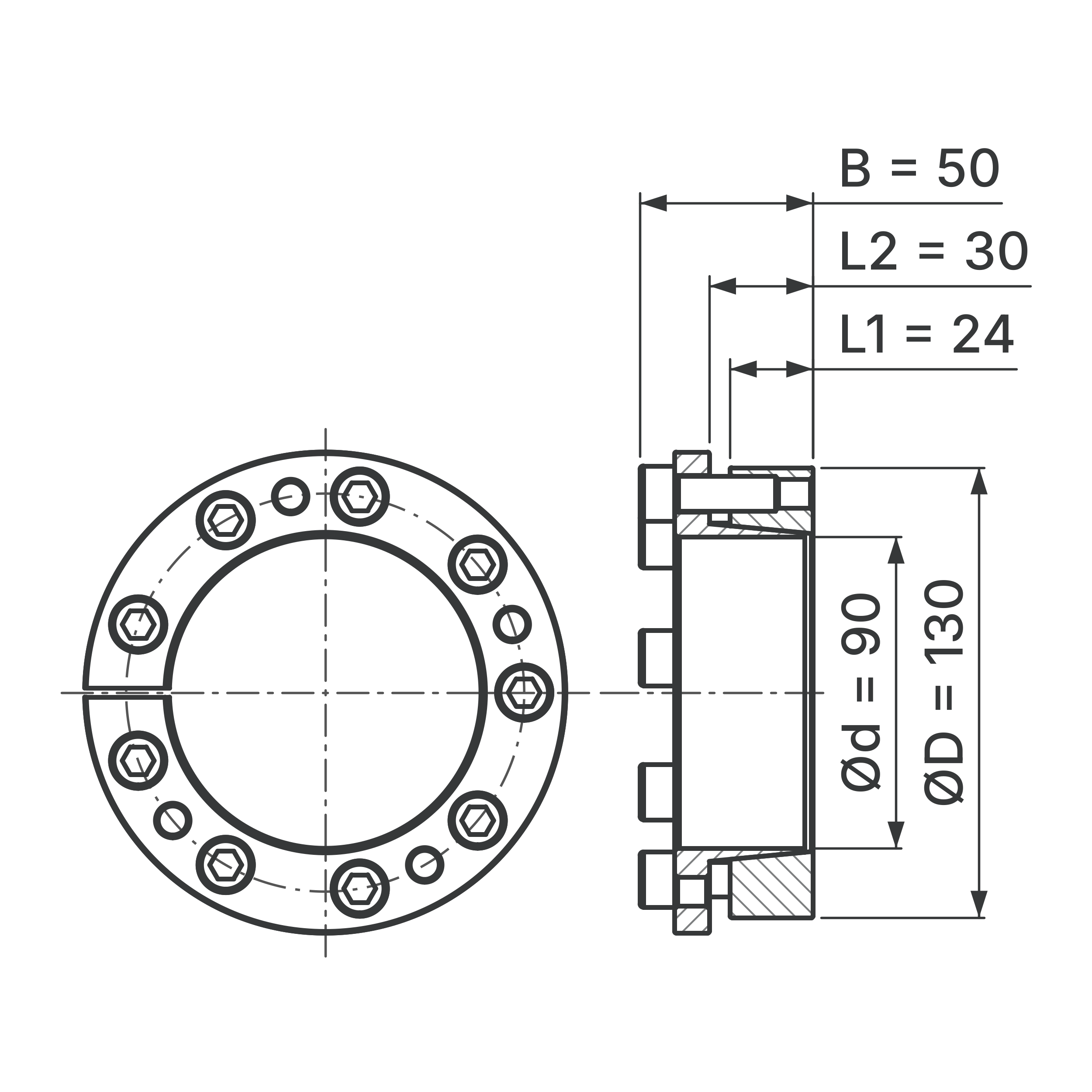 Maßskizze Spannsatz STW77-90x130: Wellen-Ø d, Außen-Ø D, L1, L2, B in mm, schematisch