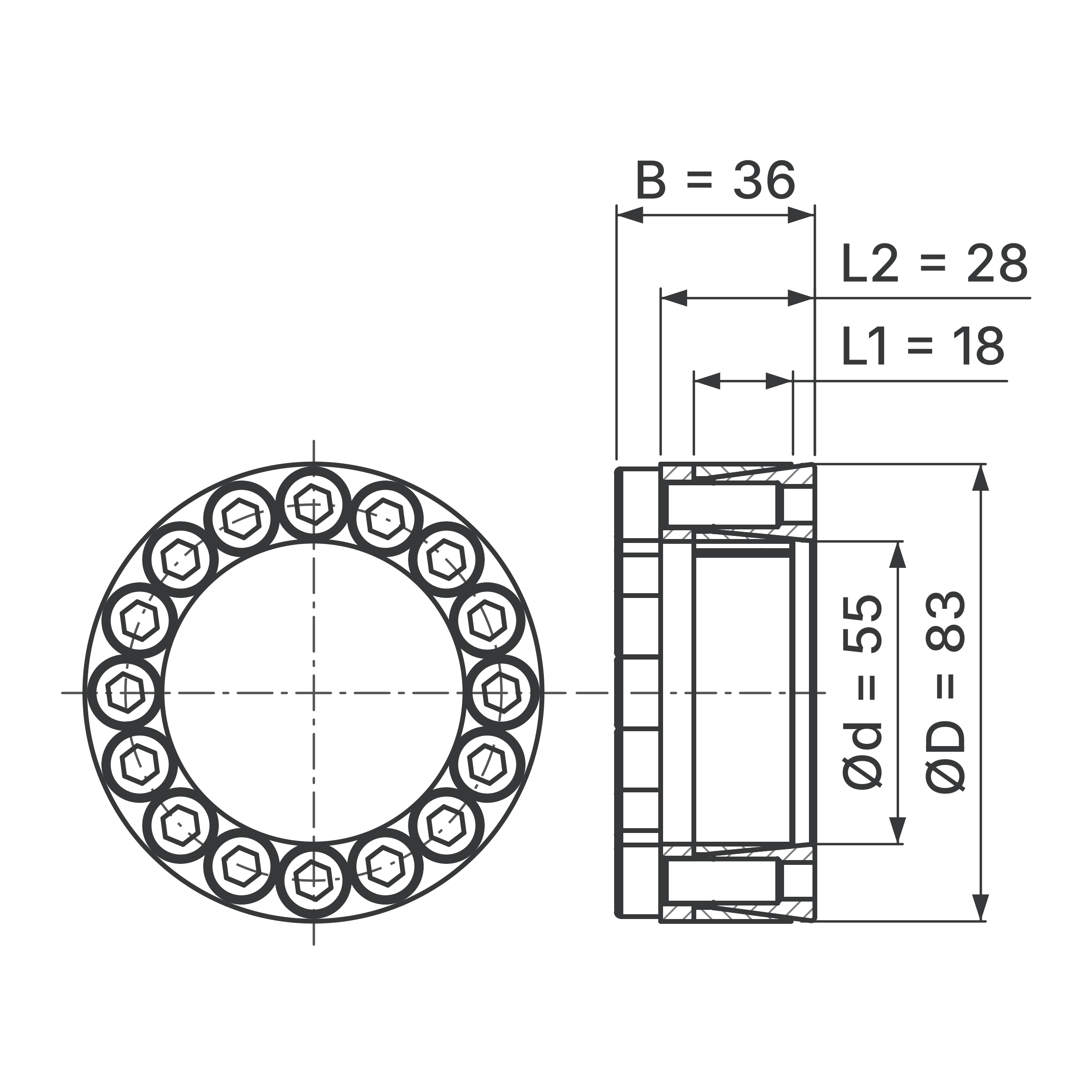 Maßskizze Spannsatz STW29-55x83: Wellen-Ø d, Außen-Ø D, L1, L2, B in mm, schematisch