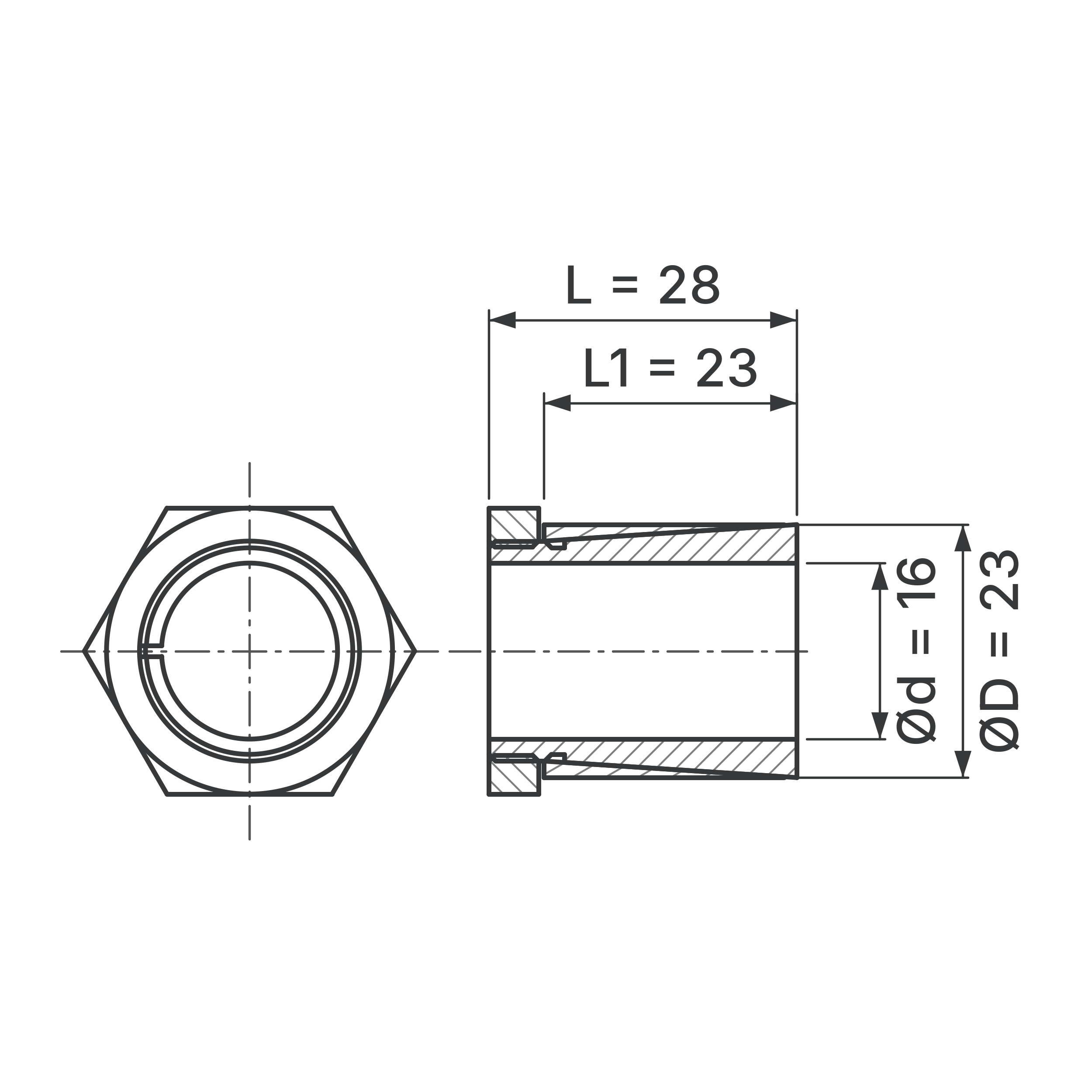 Maßskizze Spannsatz STW64SS-16x23 Edelstahl: Wellen-Ø d, Außen-Ø D, L1, L in mm, schematisch