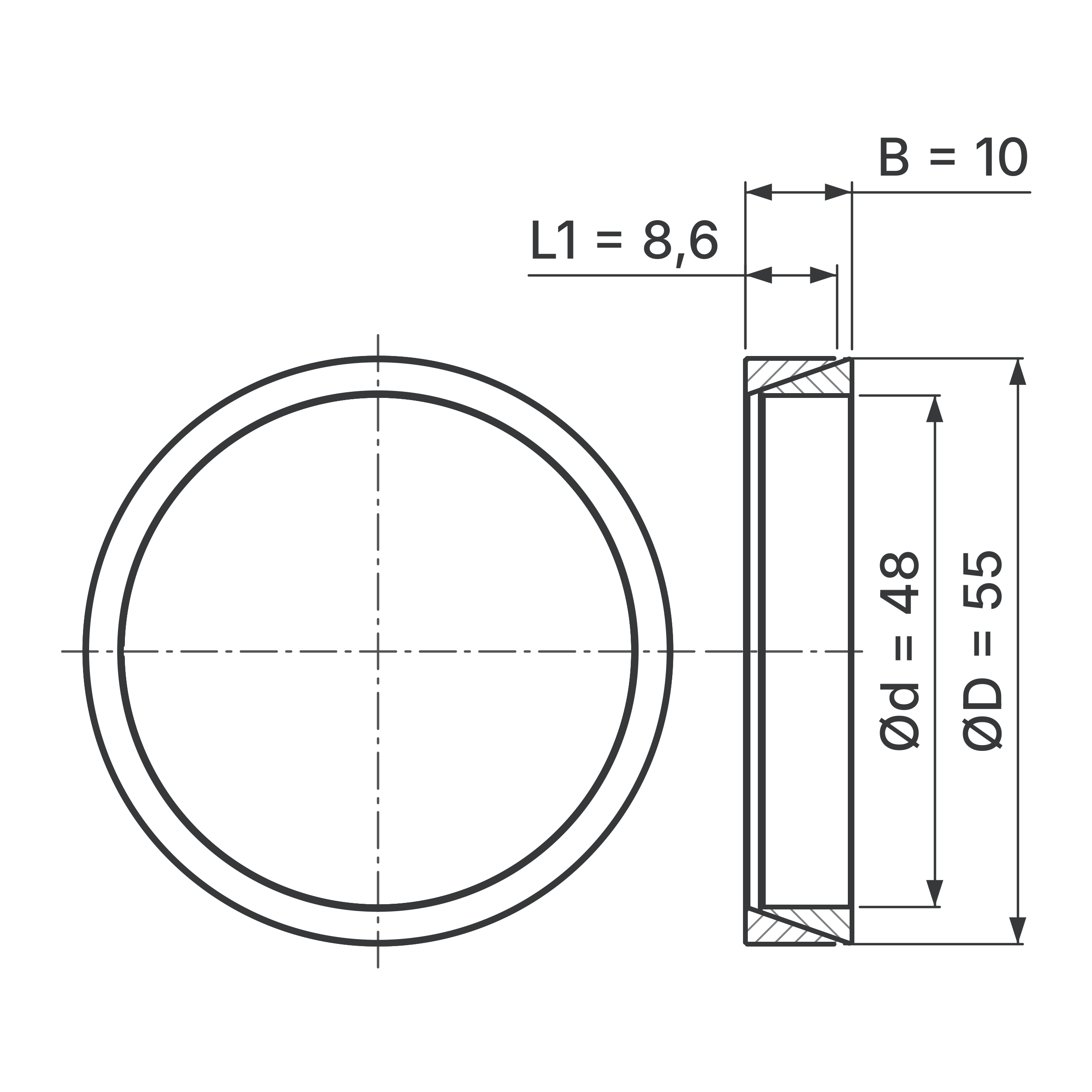Maßskizze Konus-Spannelement STW56-48x55: Wellen-Ø d, Außen-Ø D, L1, B in mm, schematisch