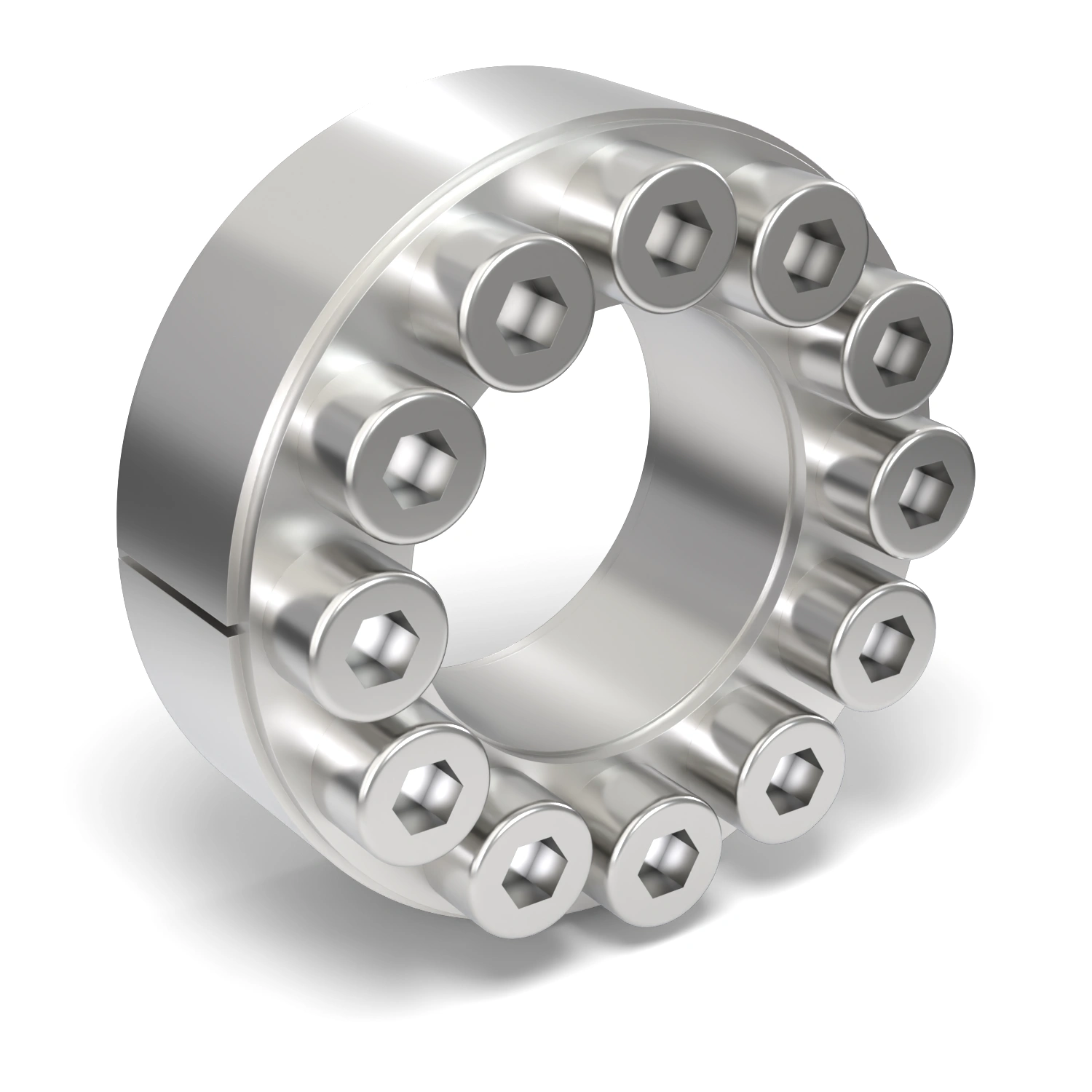 Spannsatz STW60SS-42x75 Edelstahl, Frontalansicht der Stirnseite mit 12 Spannschrauben