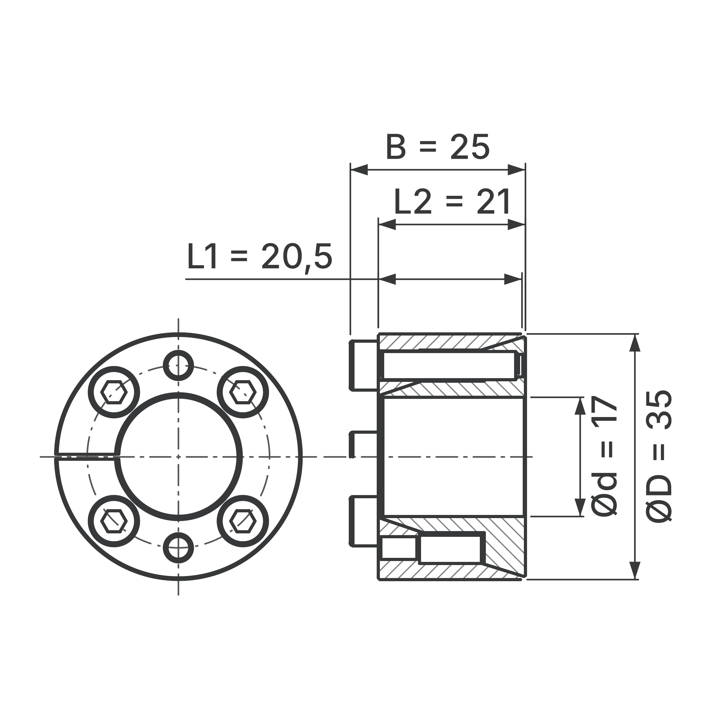 Maßskizze Spannsatz STW71-17x35: Wellen-Ø d, Außen-Ø D, L1, L2, B in mm, schematisch