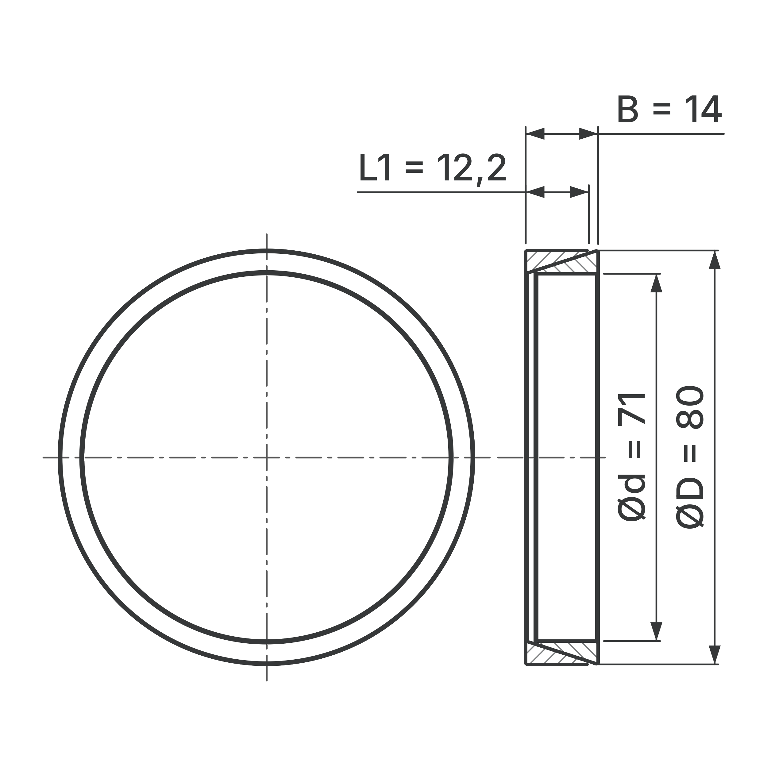 Maßskizze Konus-Spannelement STW56-71x80: Wellen-Ø d, Außen-Ø D, L1, B in mm, schematisch