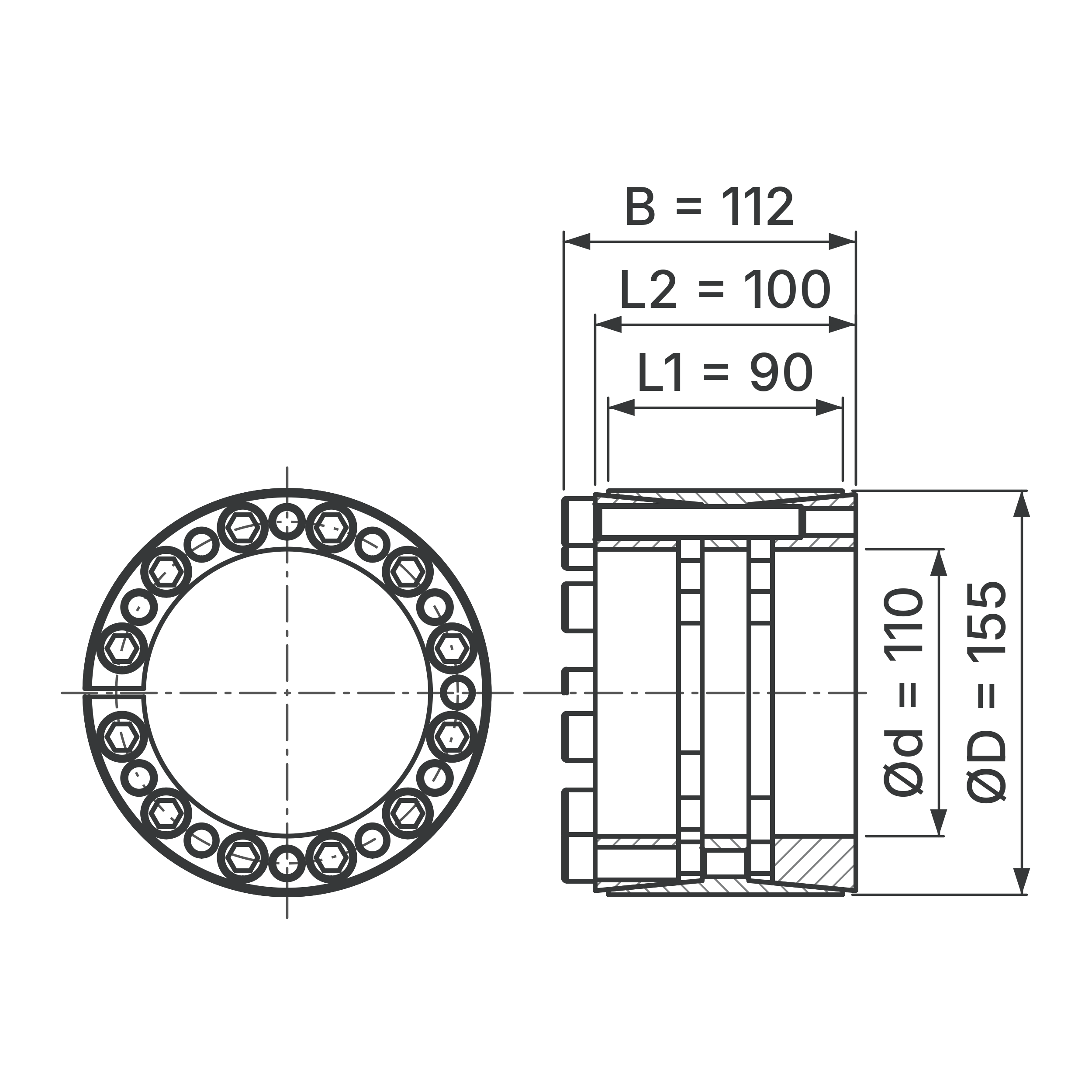 Maßskizze Spannsatz STW33-110x155: Wellen-Ø d, Außen-Ø D, L1, L2, B in mm, schematisch