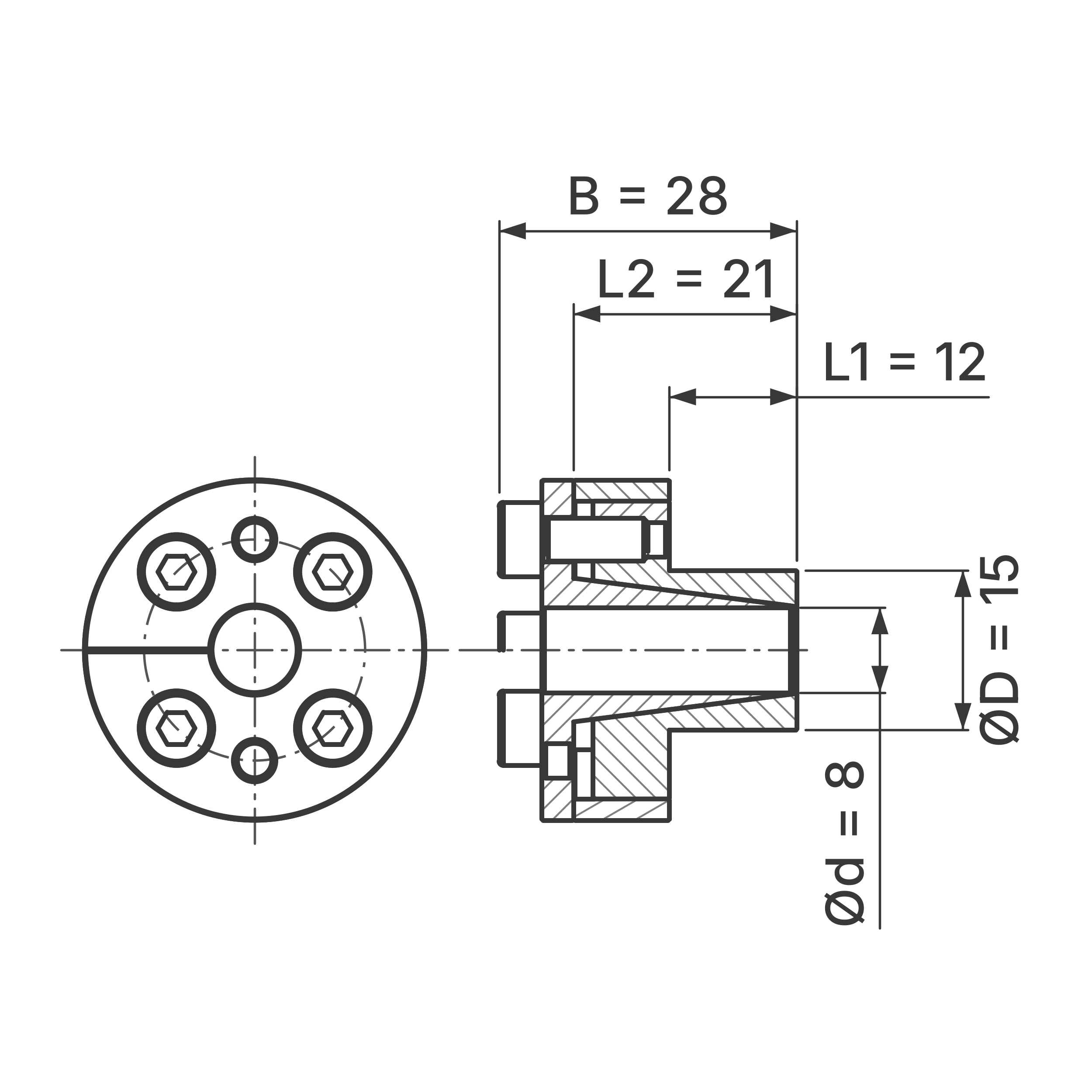 Maßskizze Spannsatz STW27-8x15: Wellen-Ø d, Außen-Ø D, L1, L2, B in mm, schematisch