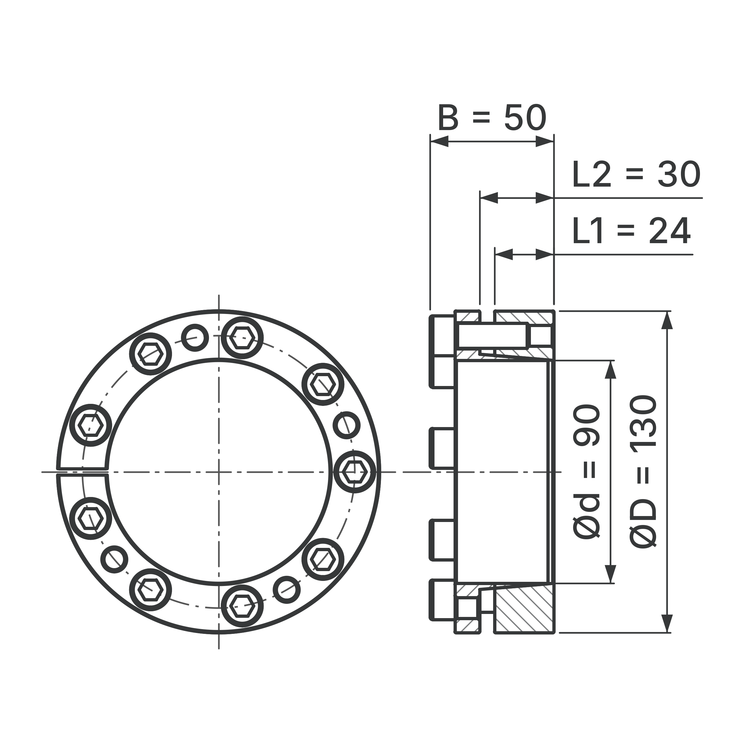 Maßskizze Spannsatz STW98-90x130: Wellen-Ø d, Außen-Ø D, L1, L2, B in mm, schematisch