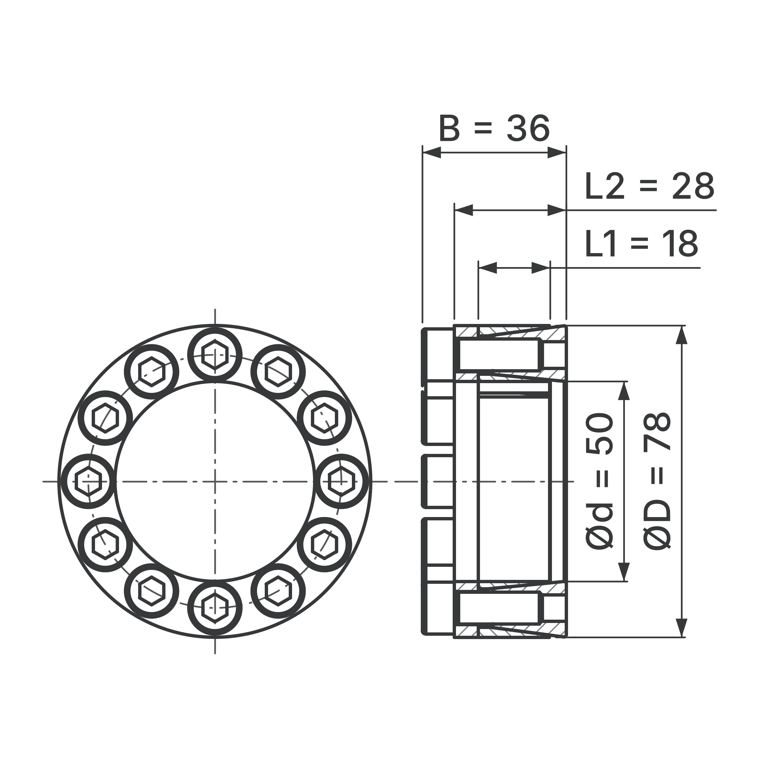 Maßskizze Spannsatz STW29-50x78: Wellen-Ø d, Außen-Ø D, L1, L2, B in mm, schematisch